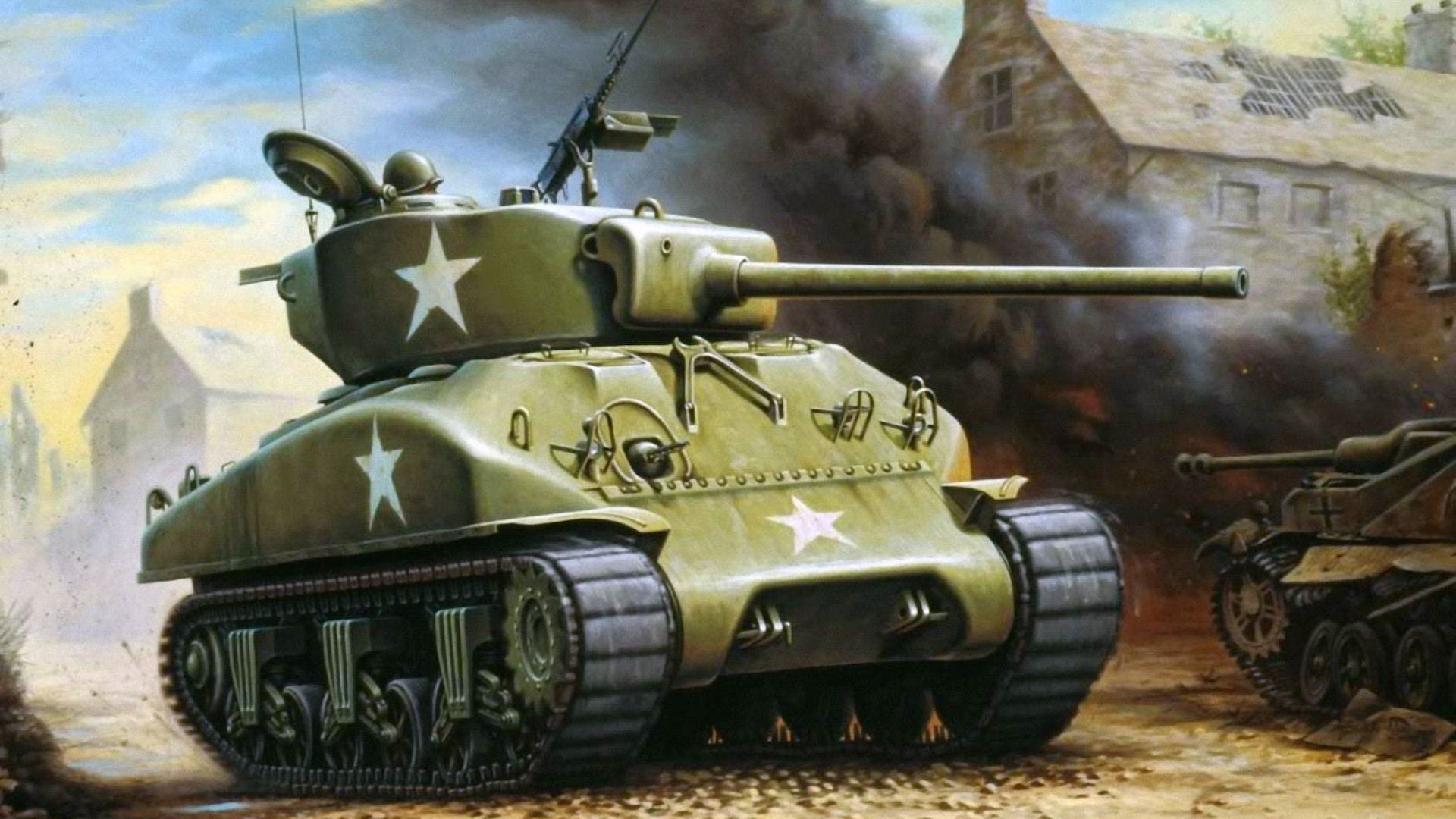 green tank illustration, war, smoke, figure, art, devastation