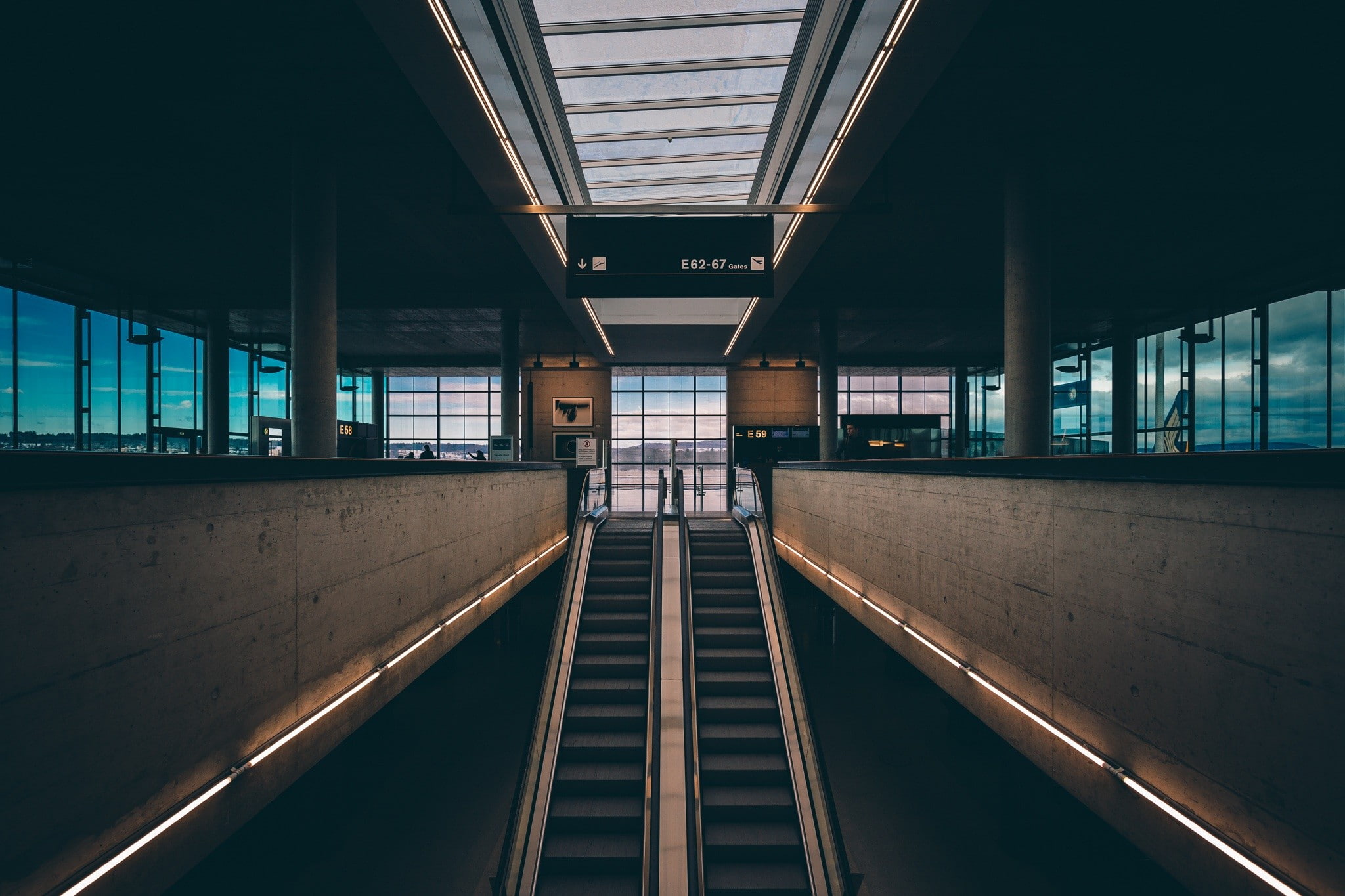 escalator, window, train station, city