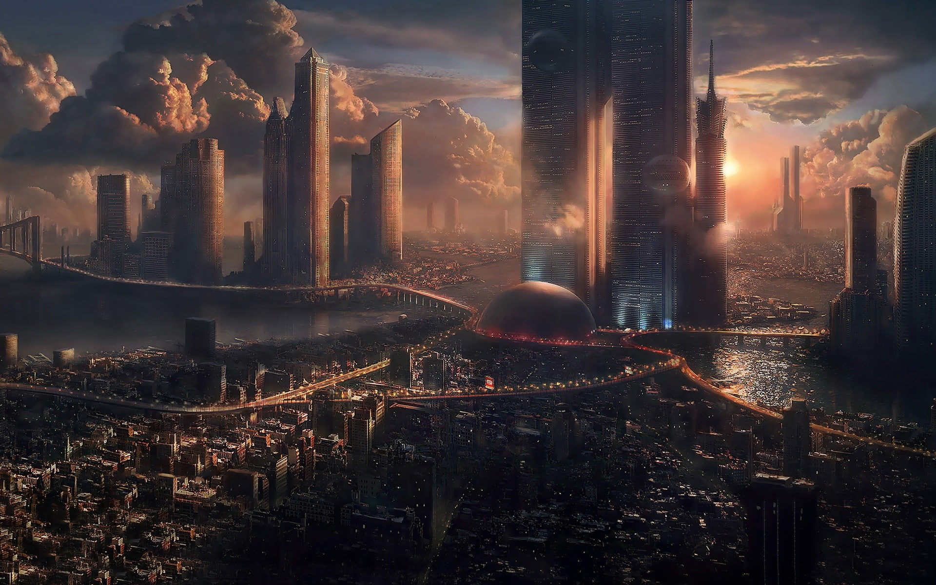 cityscape, futuristic, scyscrapers, science fiction