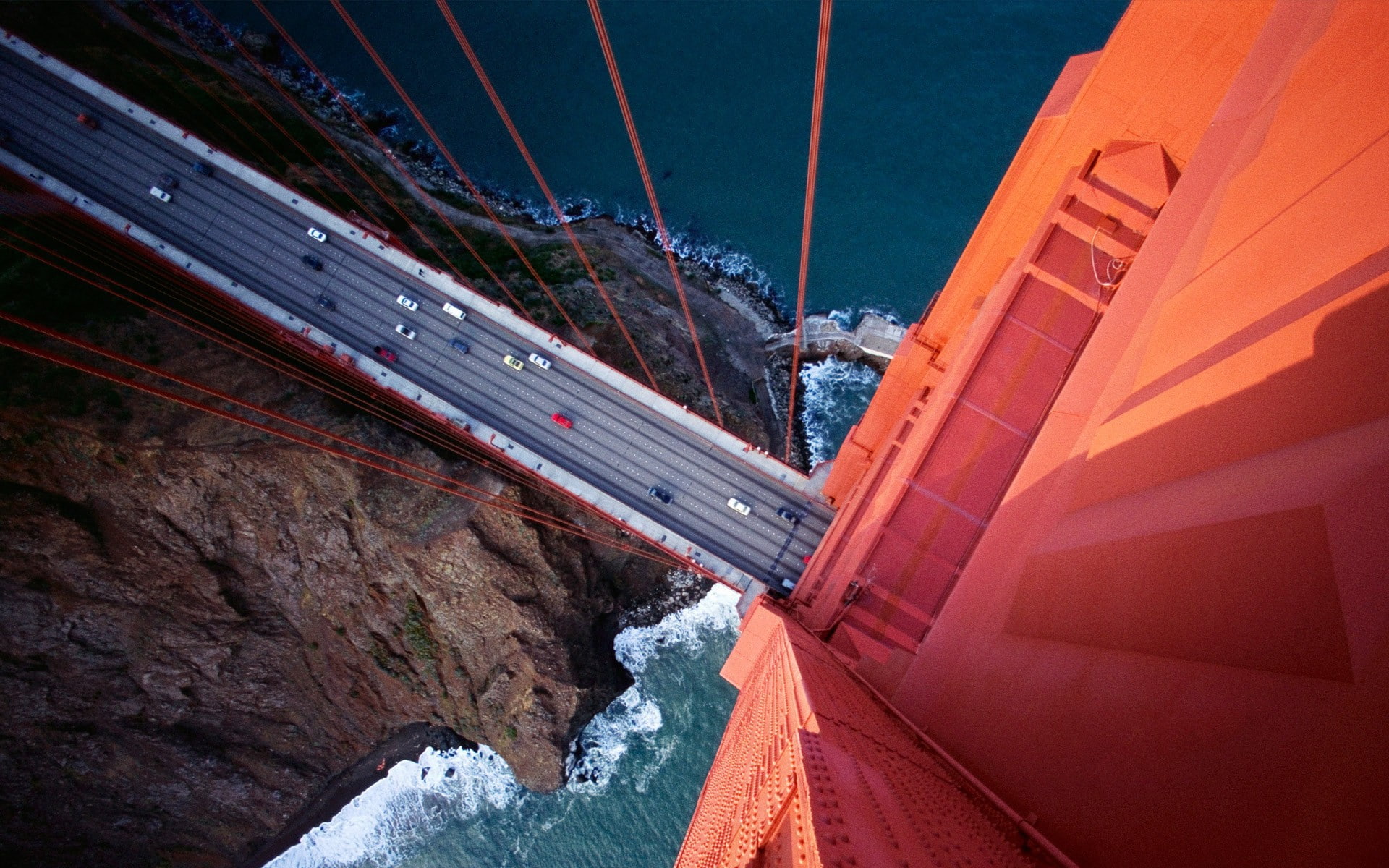 Golden Gate Bridge  aerial view  water  photography  bridge  San Francisco  birds eye view  rock  road  car