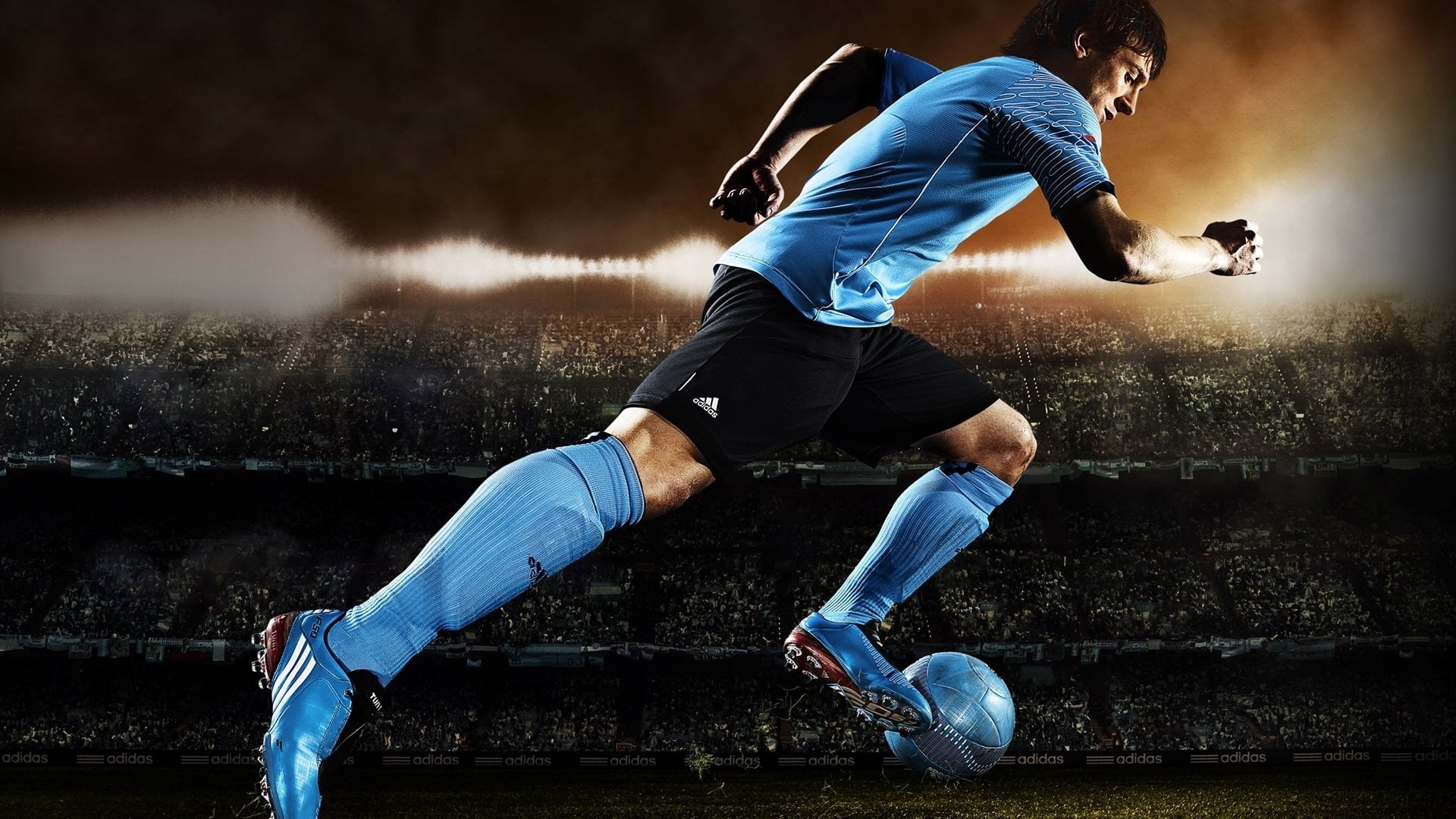 men's blue soccer jersey top, player, football boots, tribune
