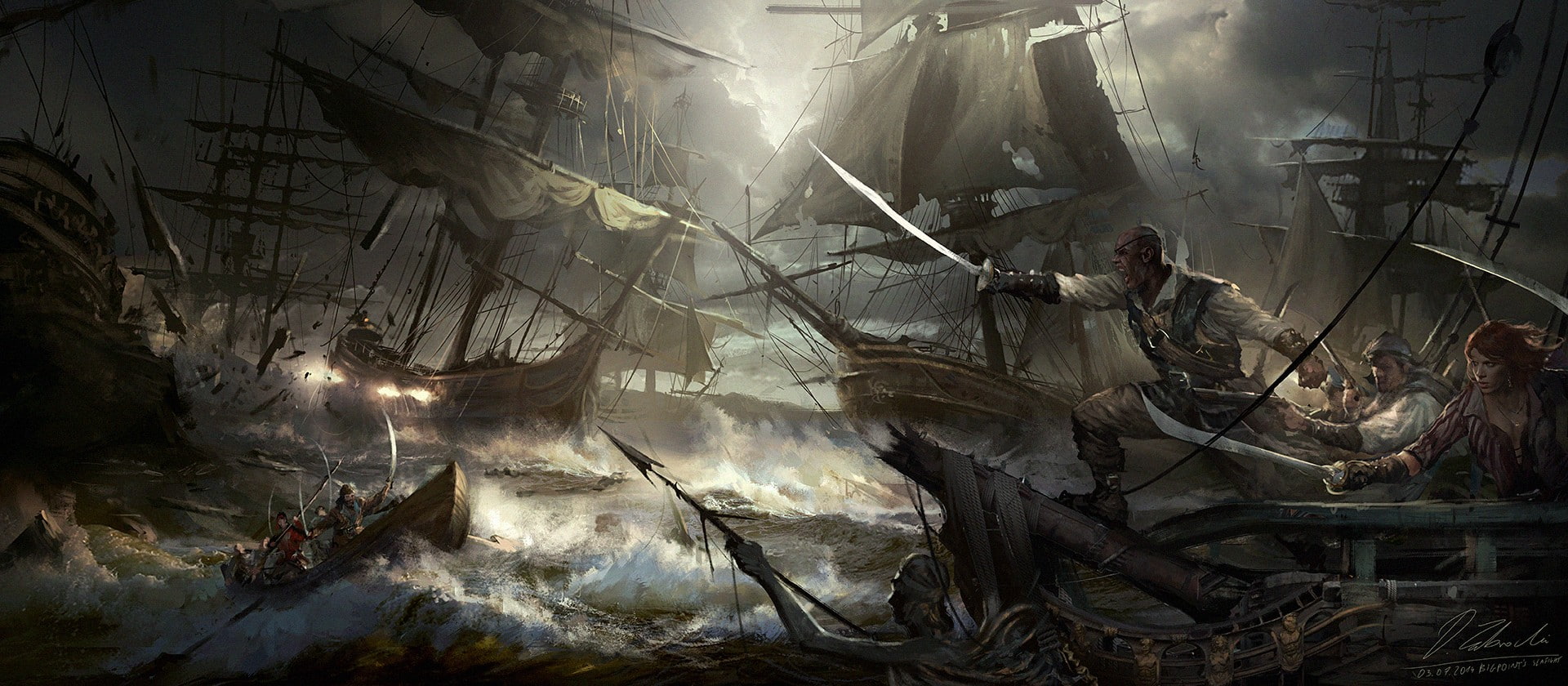 artwork, sailing ship, pirates, Darek Zabrocki