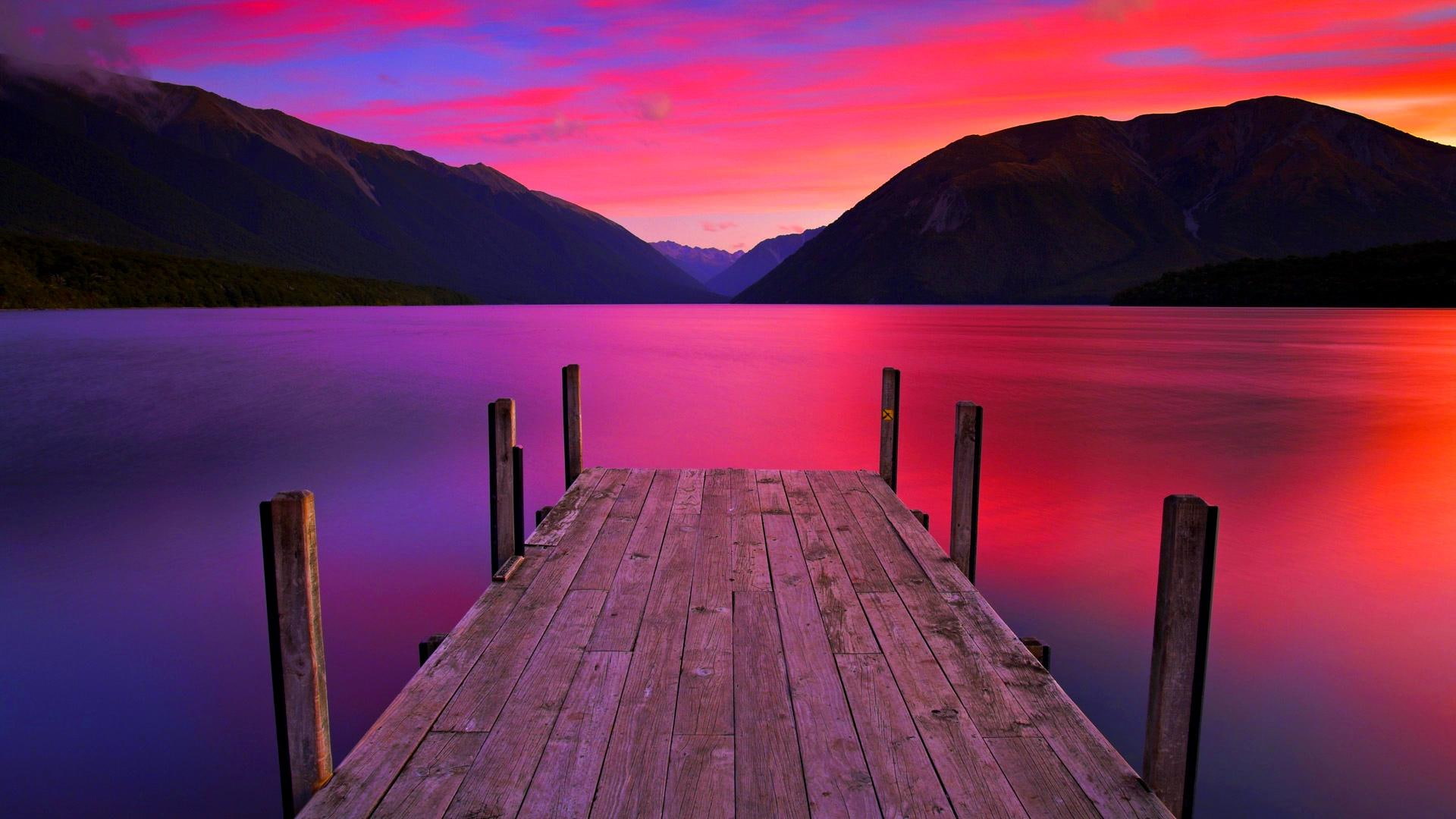 Jetty On Lake, mountain, natural beauty, sunset, smooth, nature and landscapes