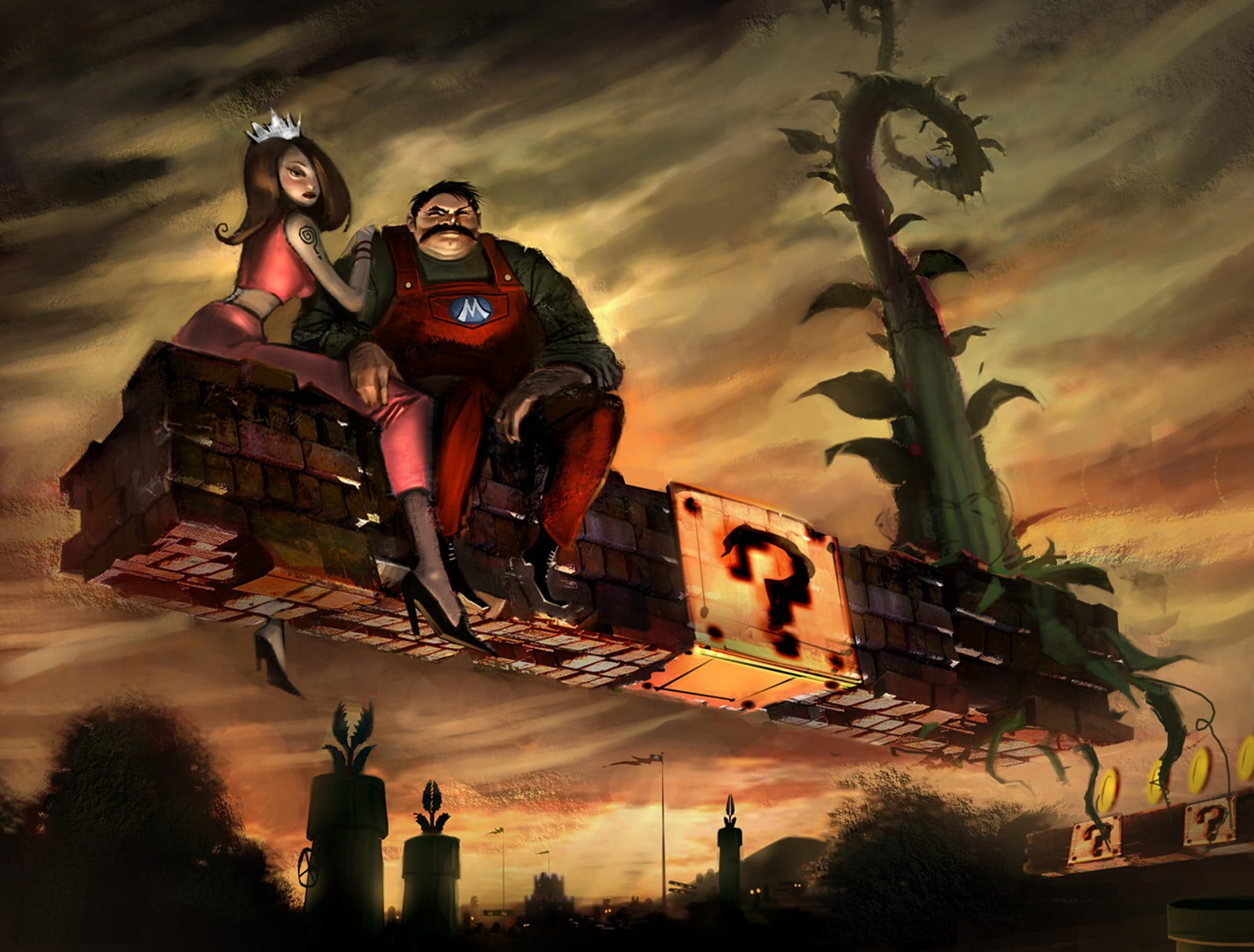 Super Mario Bros. fan art, video games, gritty, sky, nature, tree