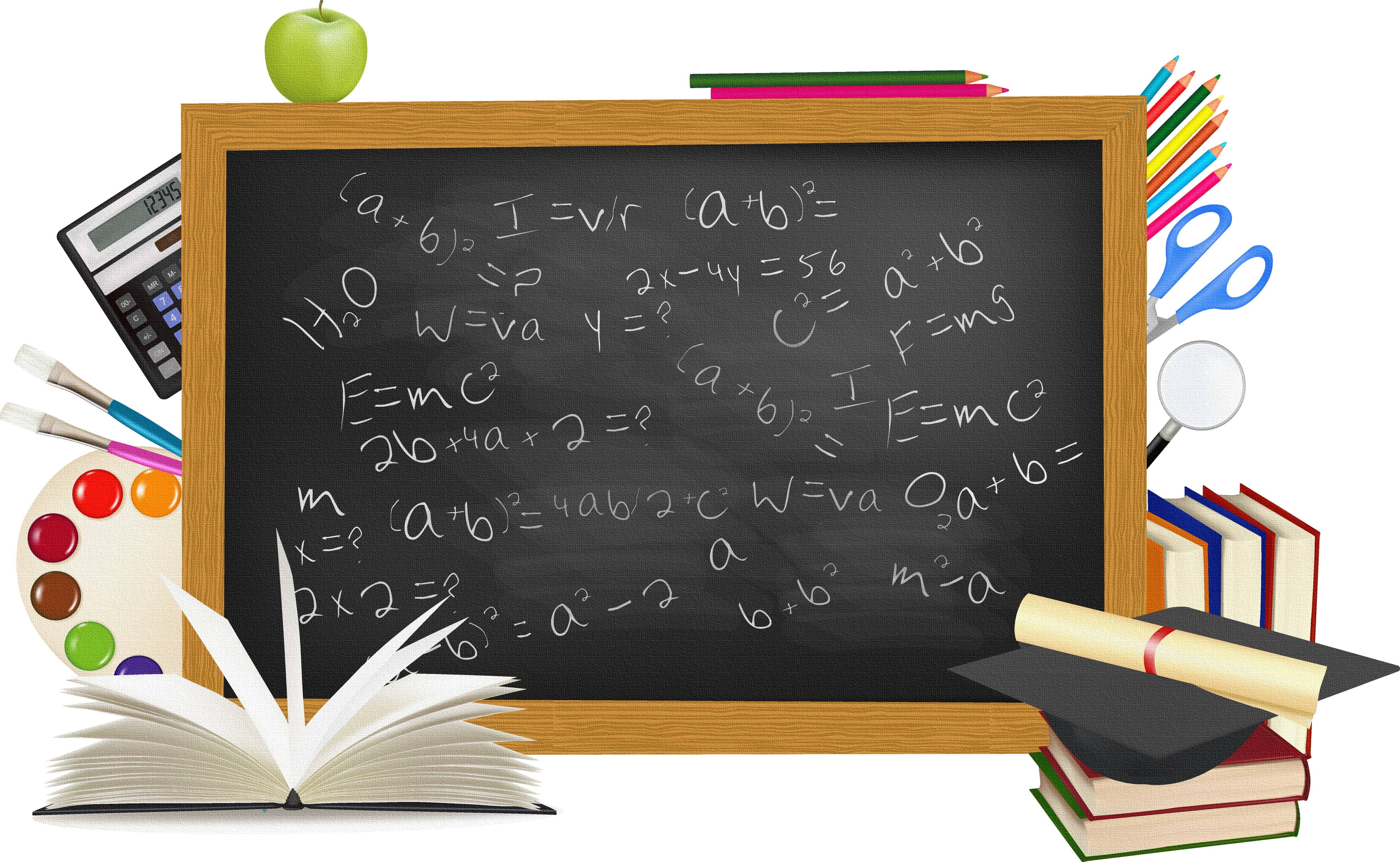 brown wooden blackboard, school, formula, toiletries, white background