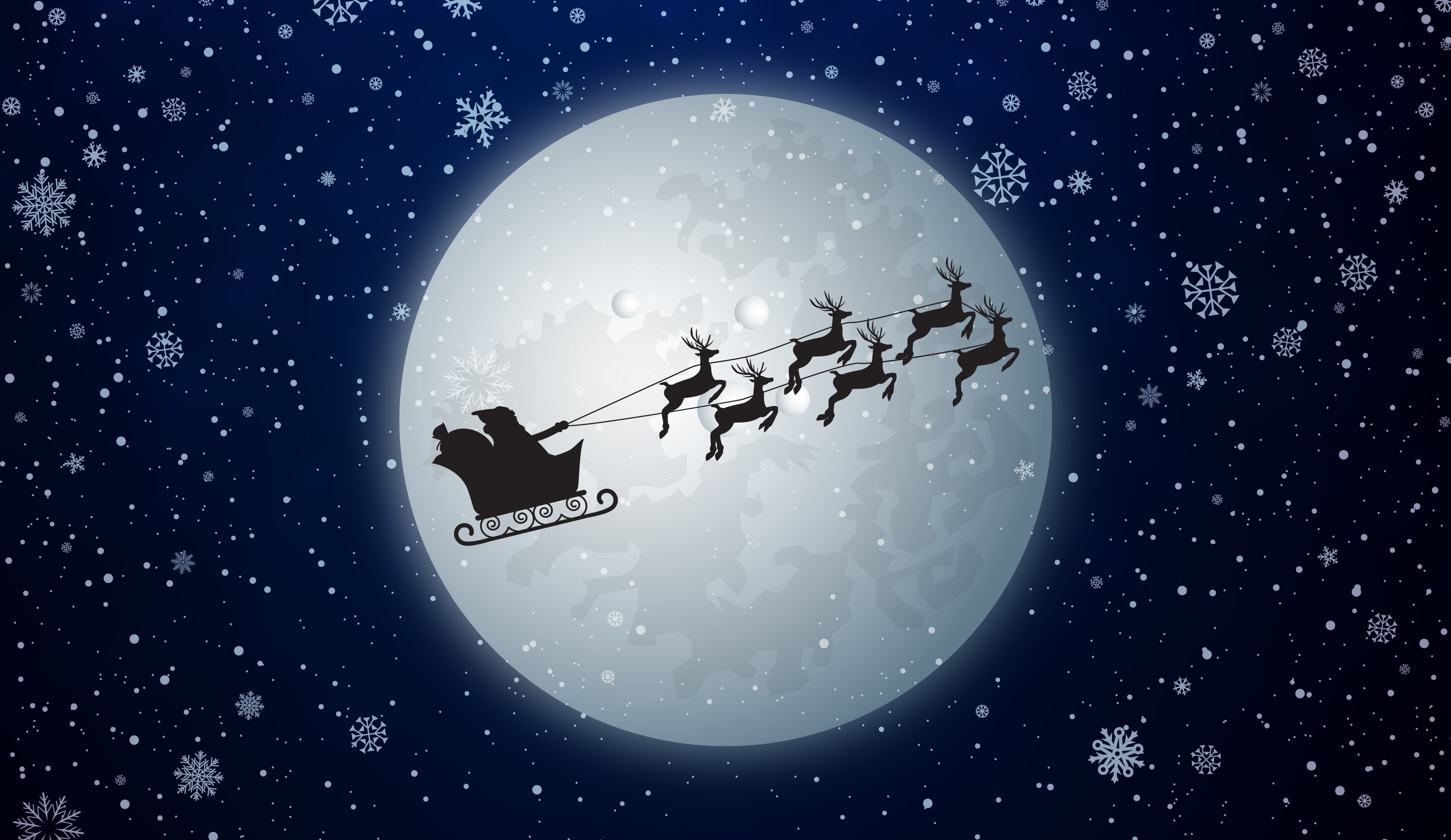 Snowfall, Reindeer Chariot, Moon, Santa Claus, 4K