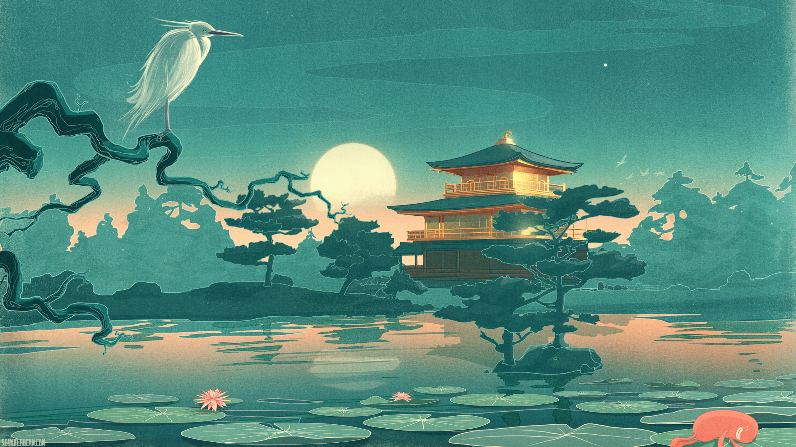 Asian Blue Night Bird Lake Trees Lilypad Moon HD, digital/artwork