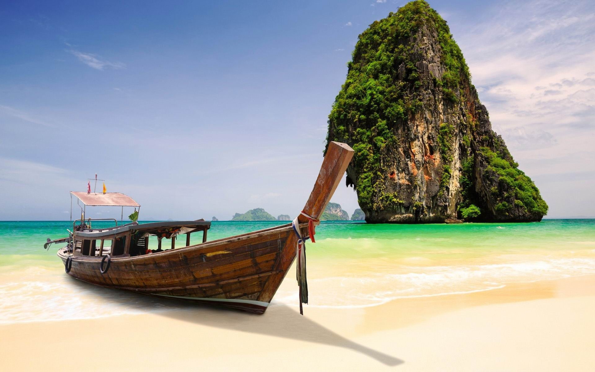 thailand island-Nature HD Wallpaper, boat near green covered hill on ocean