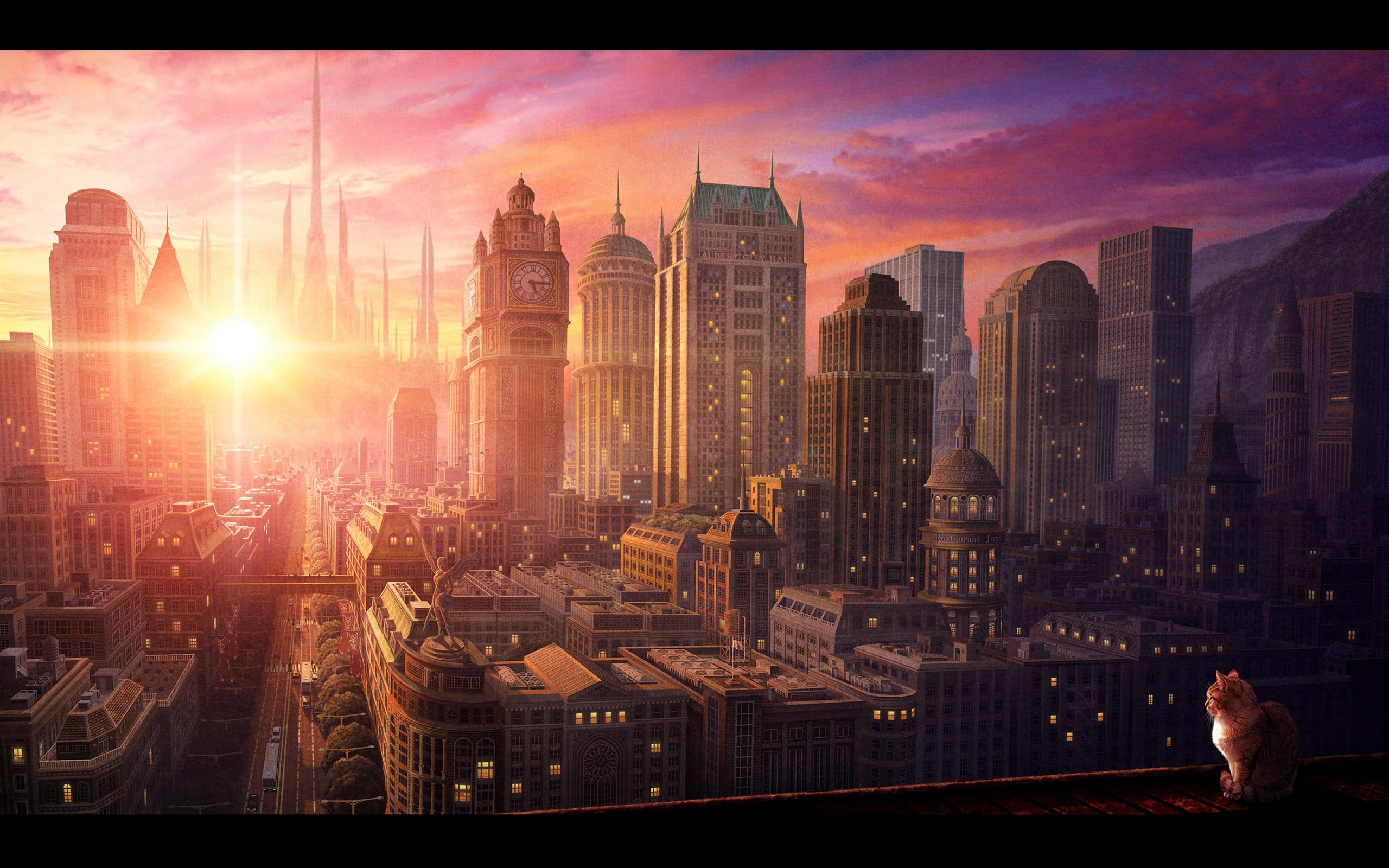landscape view of city during sunrise, anime, cityscape, architecture