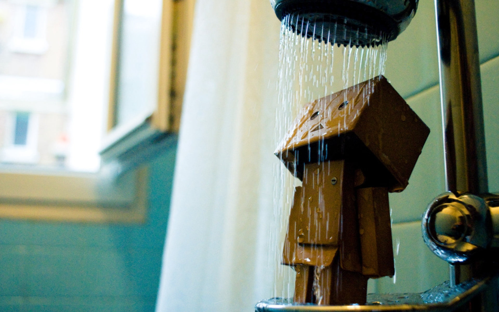 danboard, cardboard robot, shower, water, wet