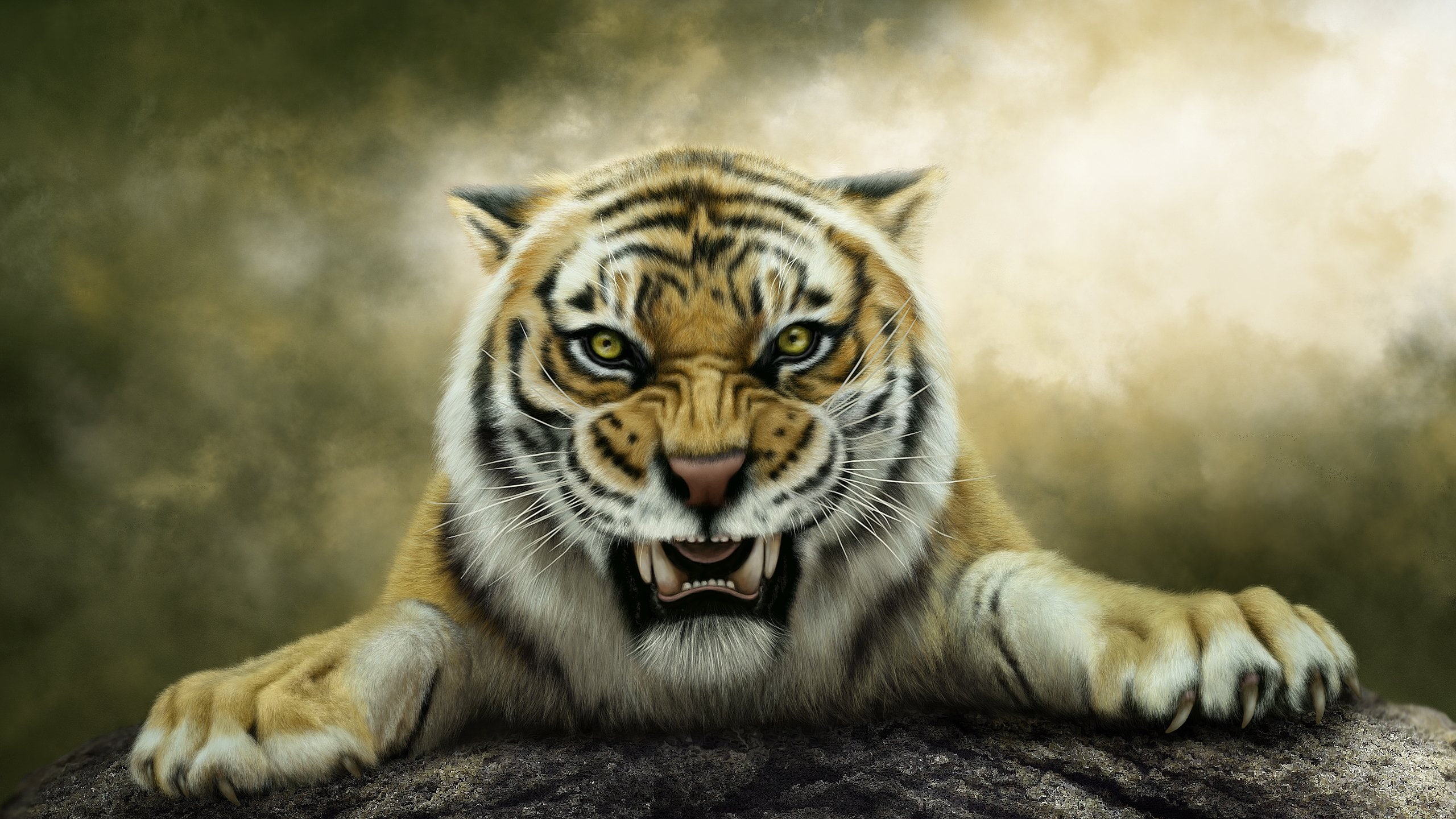 animals, art, fantasy, painting, roar, tigers, wallpapers