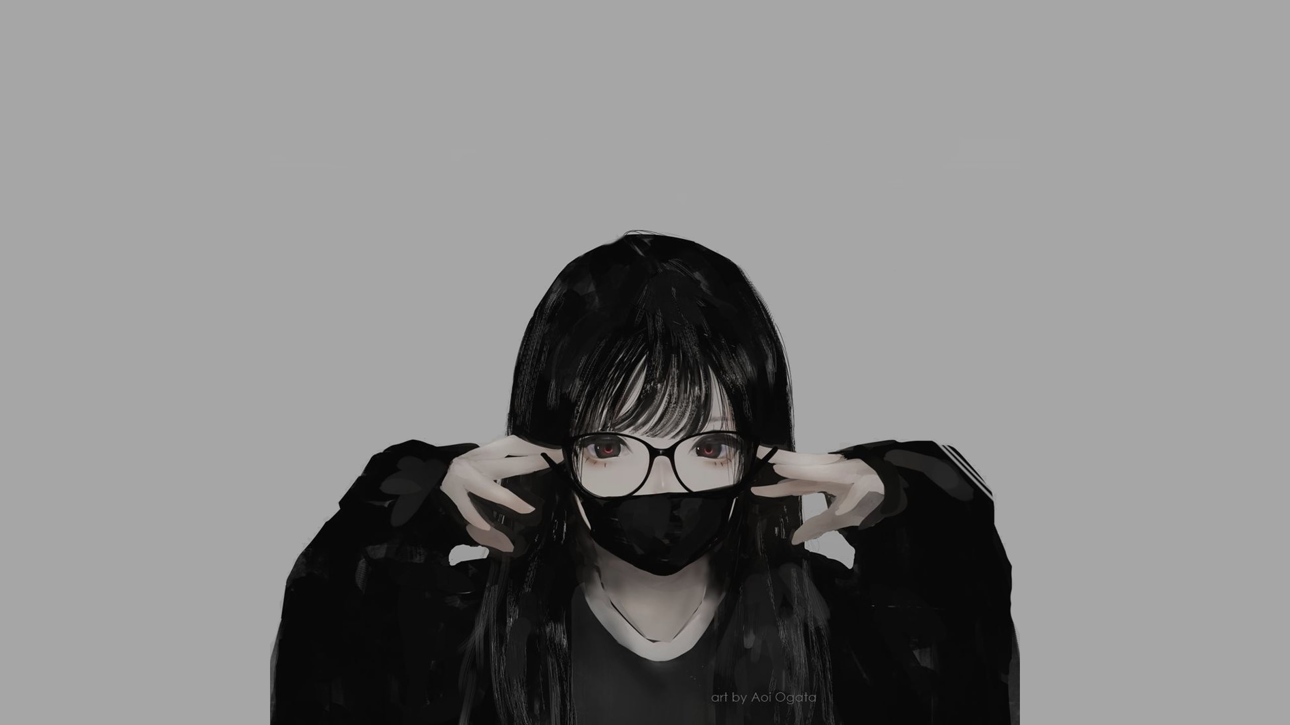 glasses, minimalism, monochrome, mask, Aoi Ogata, anime girls