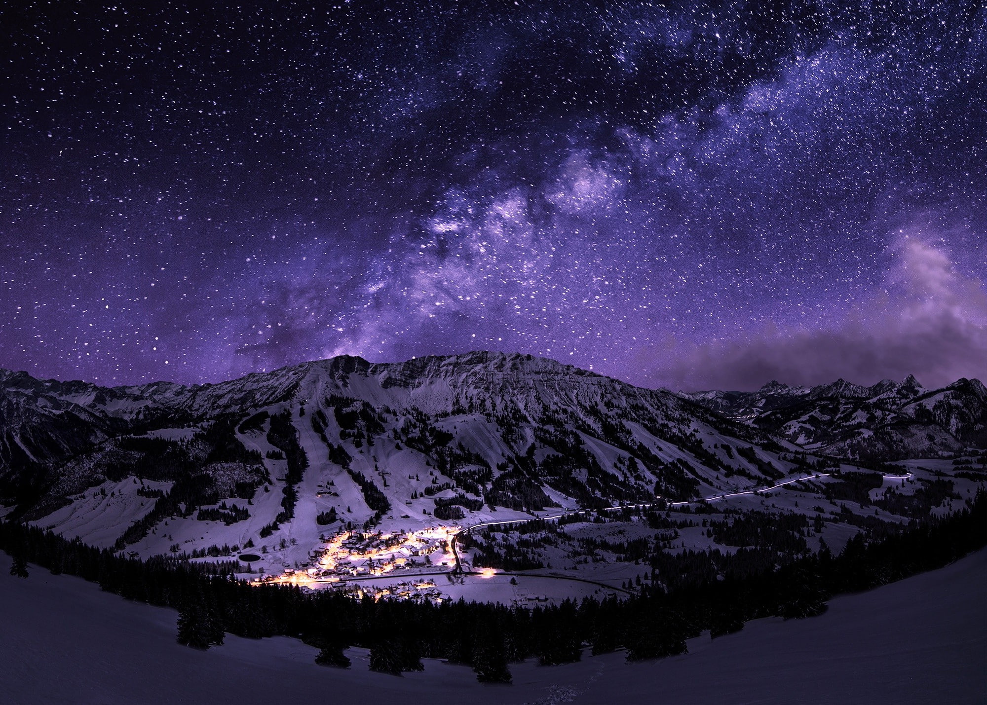galaxy, landscape, Long Exposure, mountain, night, snow, Starry Night