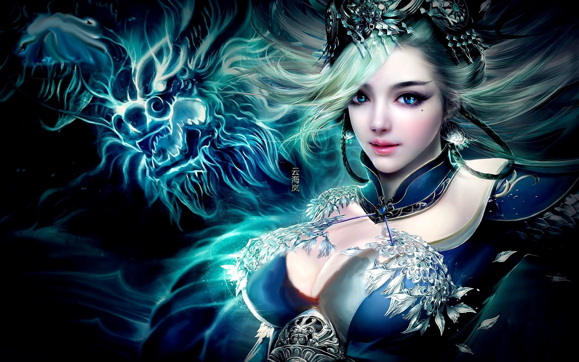 Fantasy, Women, Blue Eyes, Dragon, Girl, Oriental, White Hair