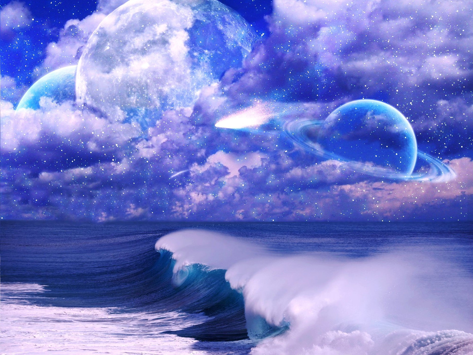 Art pictures, space, sky, clouds, stars, planet, sea, waves