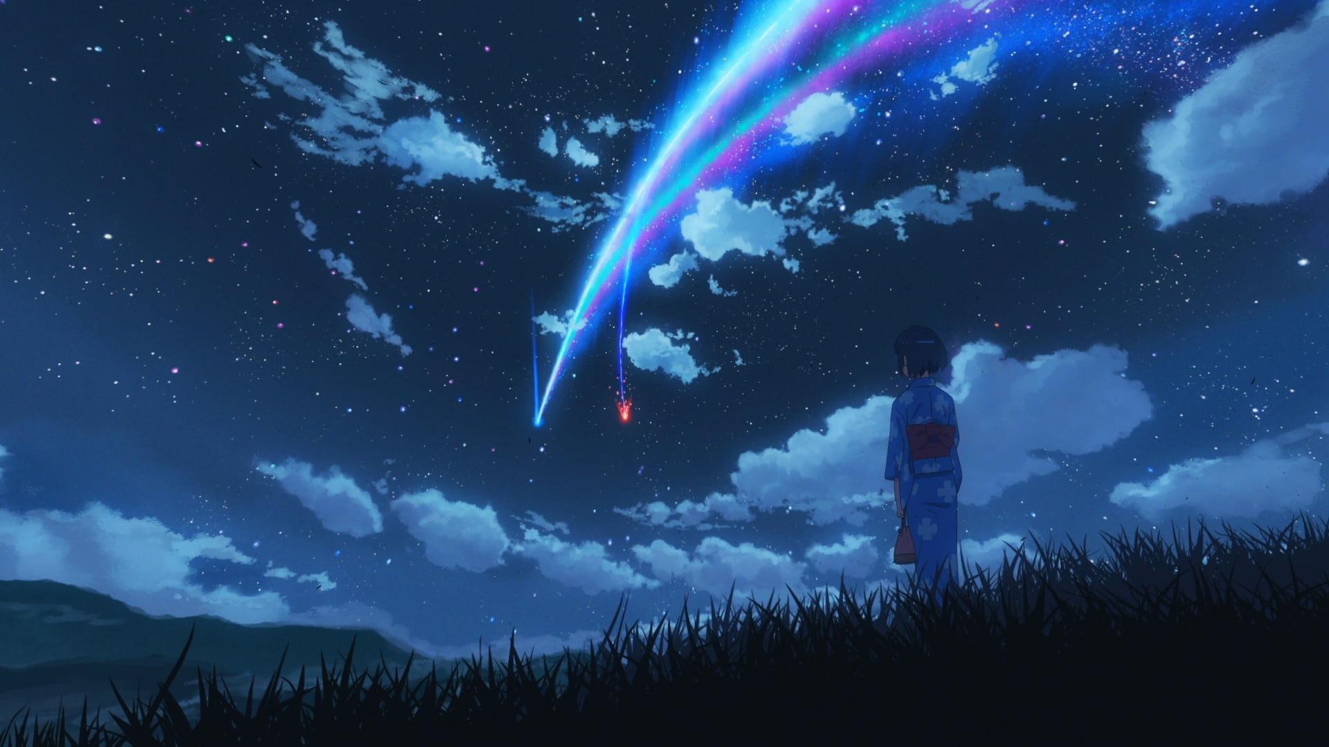 Your Name anime movie scene, Kimi no Na Wa, Makoto Shinkai, starry night
