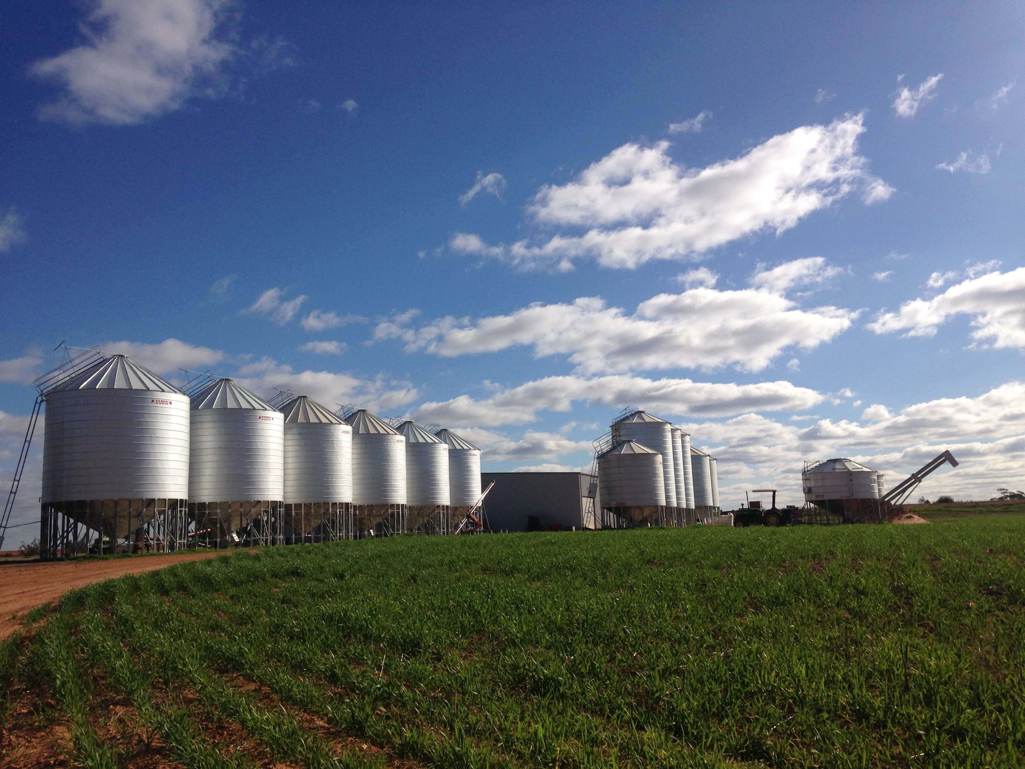 blue sky, cloudy sky, farm, grain, harvest, rural, silo, storage