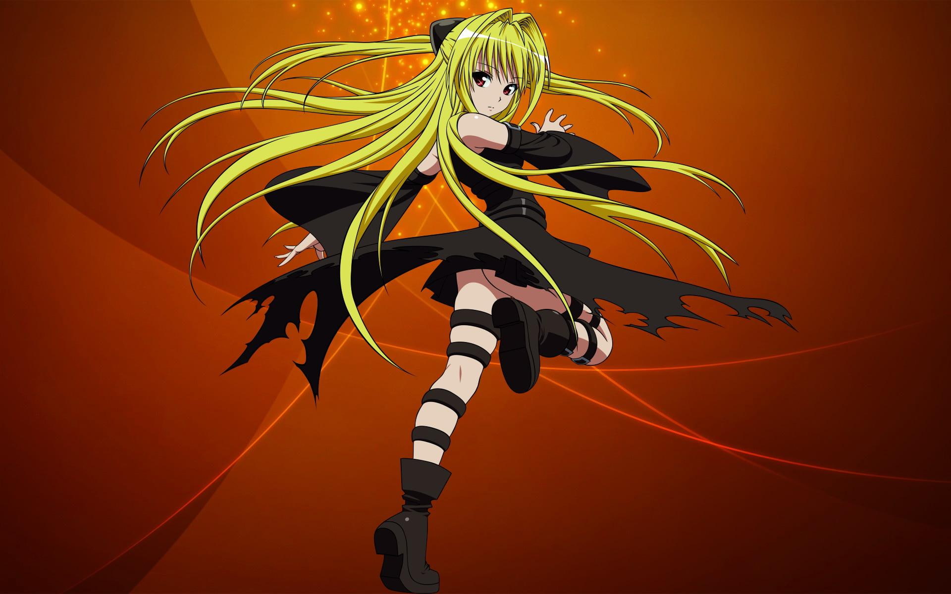to-love-ru, girl, movement, space, female yellow hair and black dress anime character