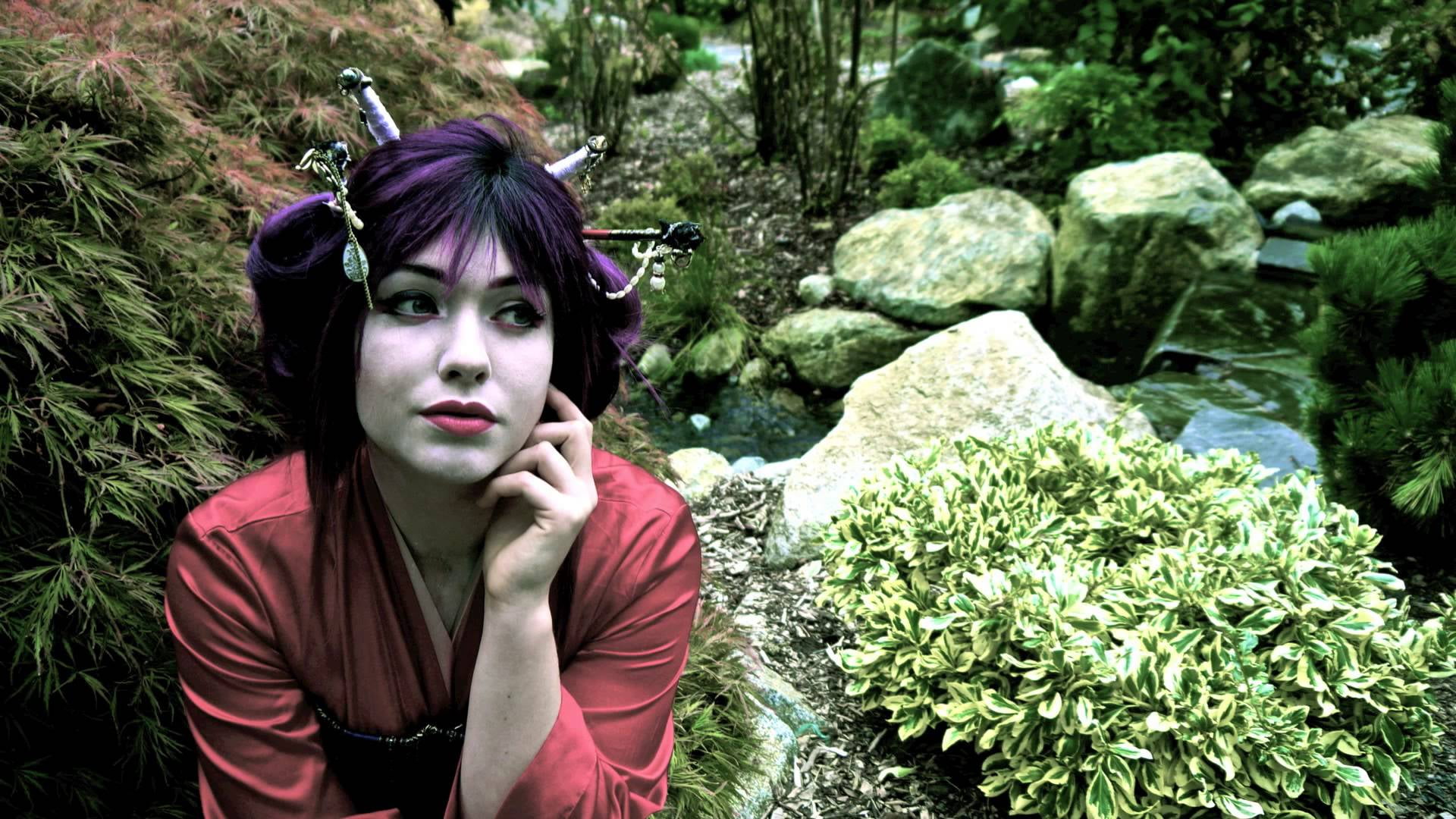 Veela, purple hair, garden, plants, waterfall, geisha, women outdoors