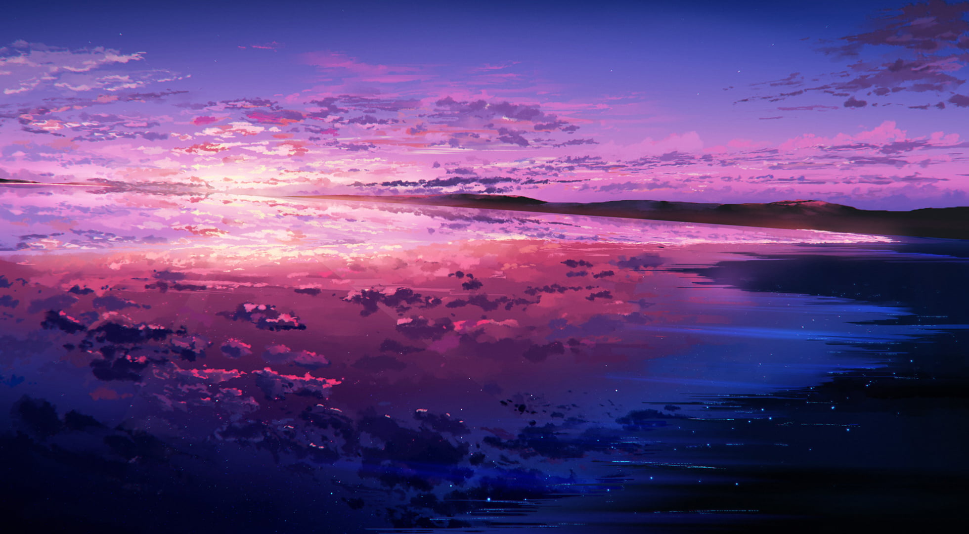 Anime, Original, Ocean, Purple, Reflection, Sky, Sunset