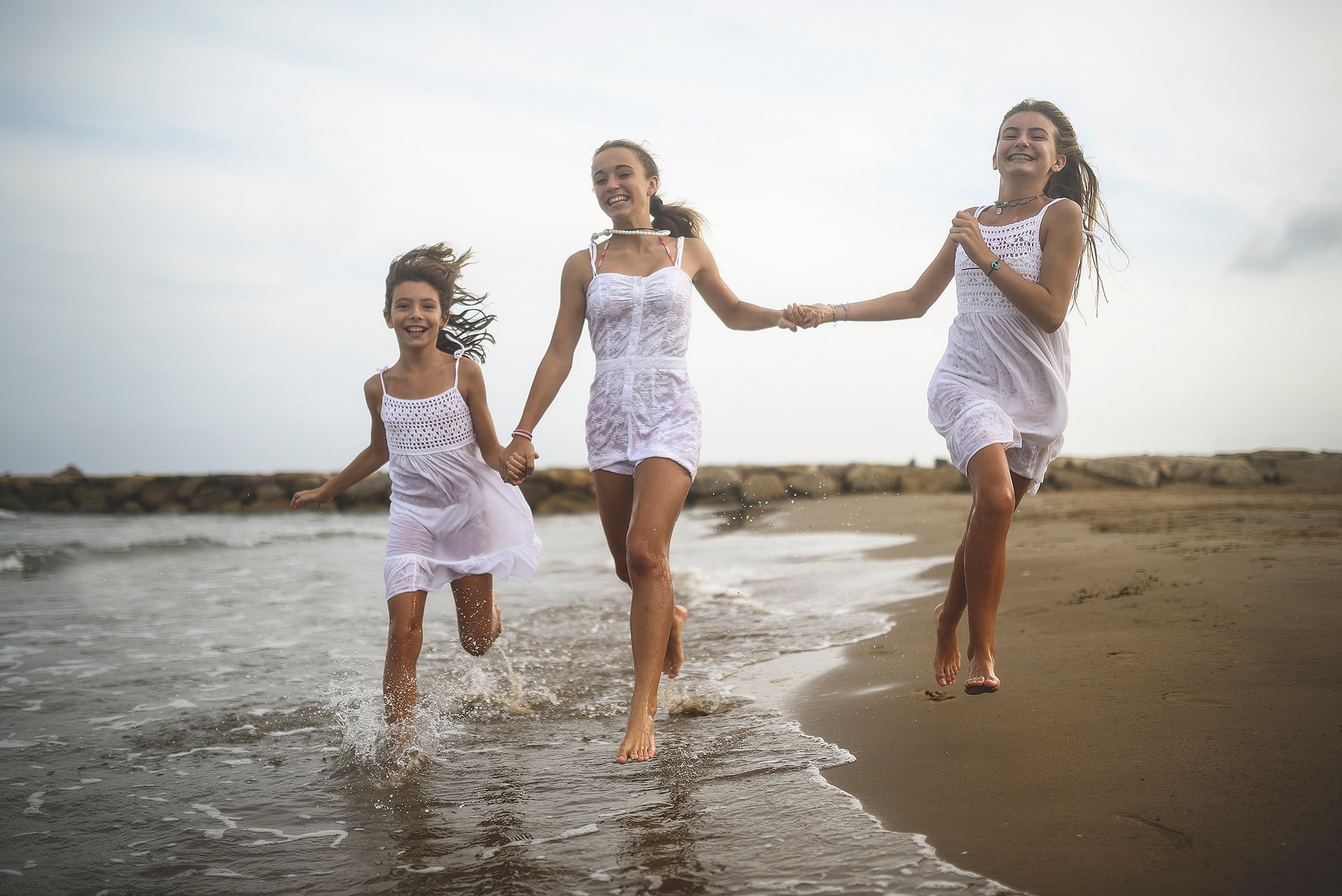women's white dress, joy, children, shore, girls, laughter, running