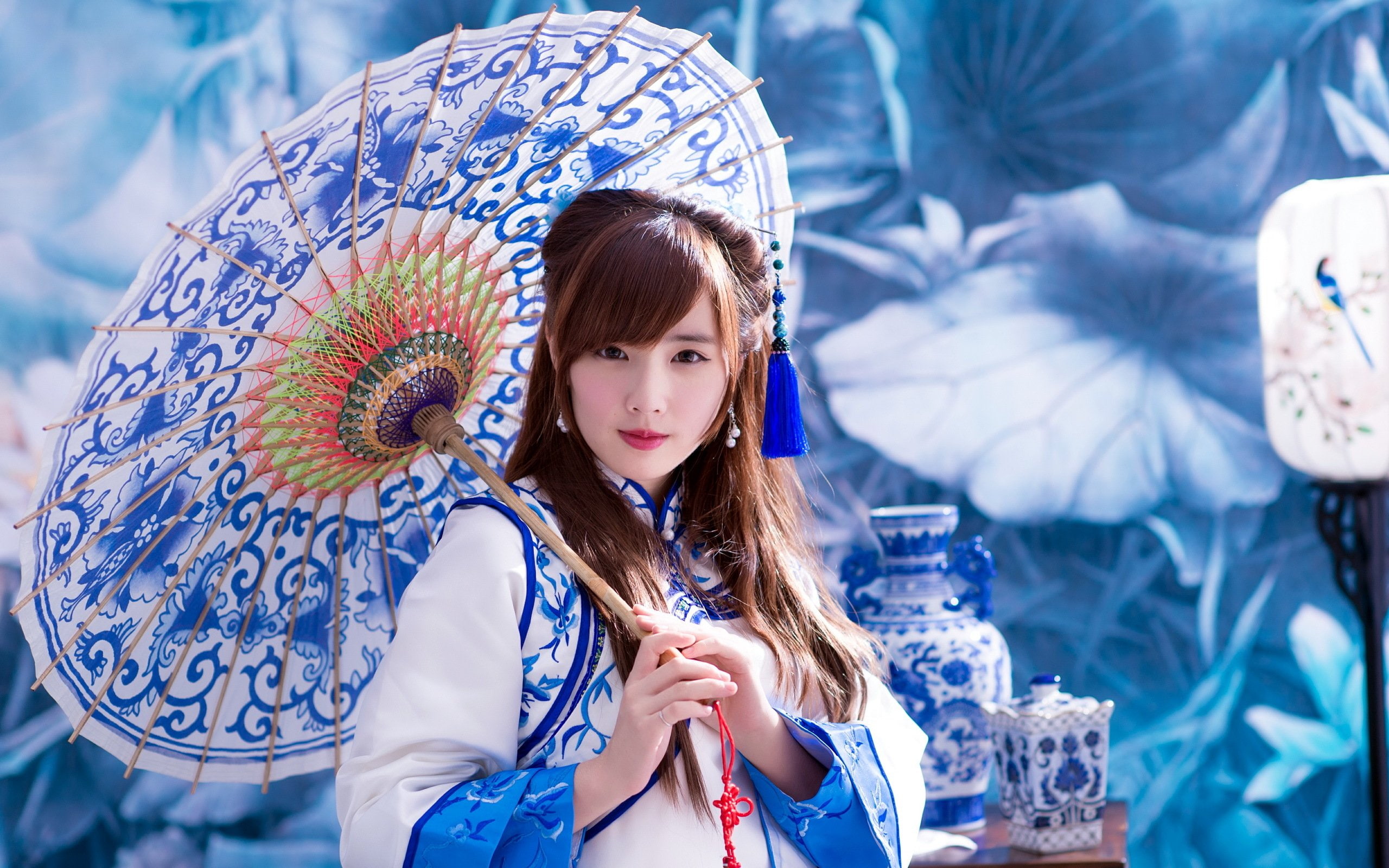 asian, blue, geisha, girl, kimono, oriental, umbrella