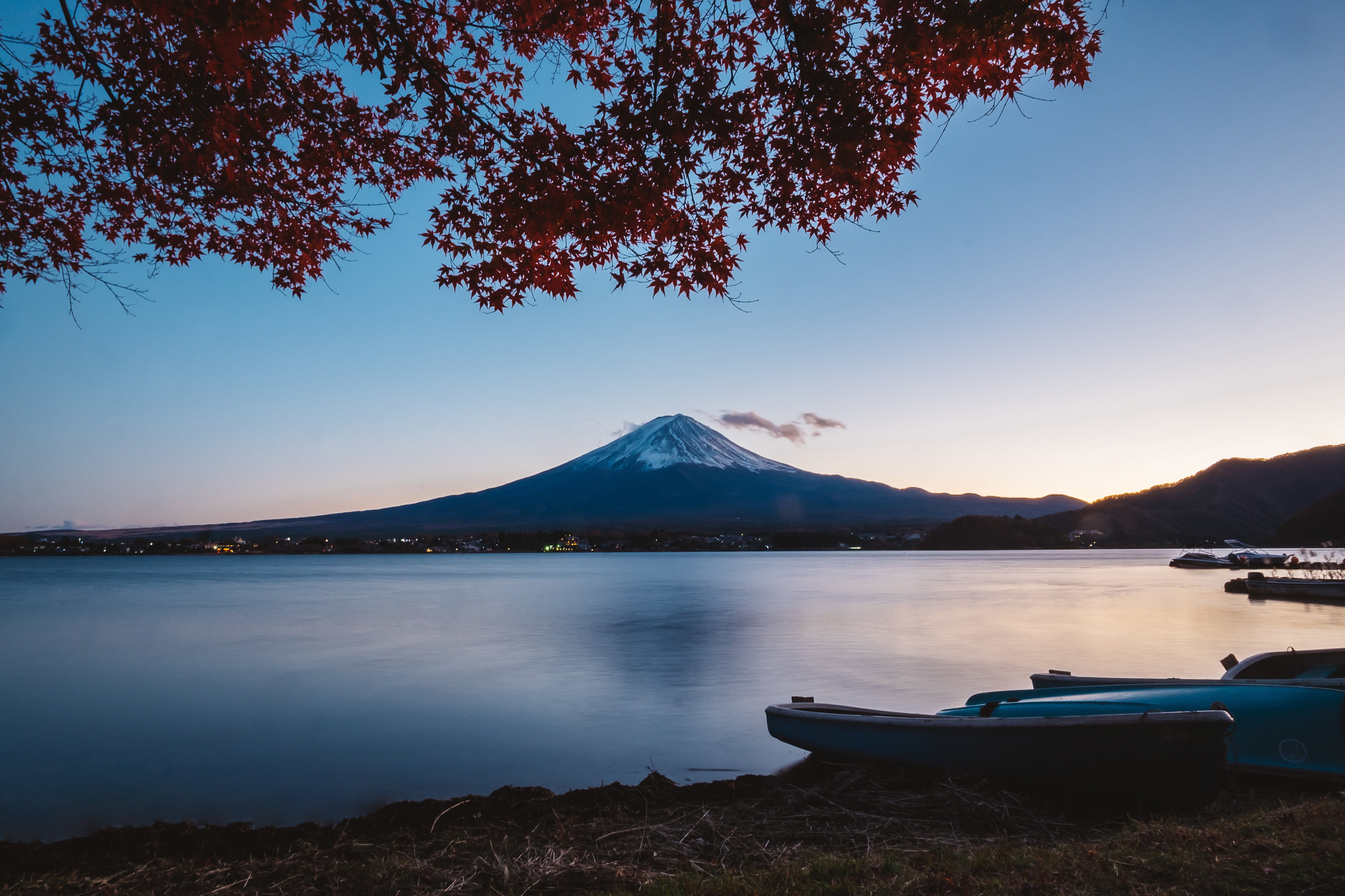 nature, landscape, mountains, snow, Mount Fuji, lake, stratovolcano