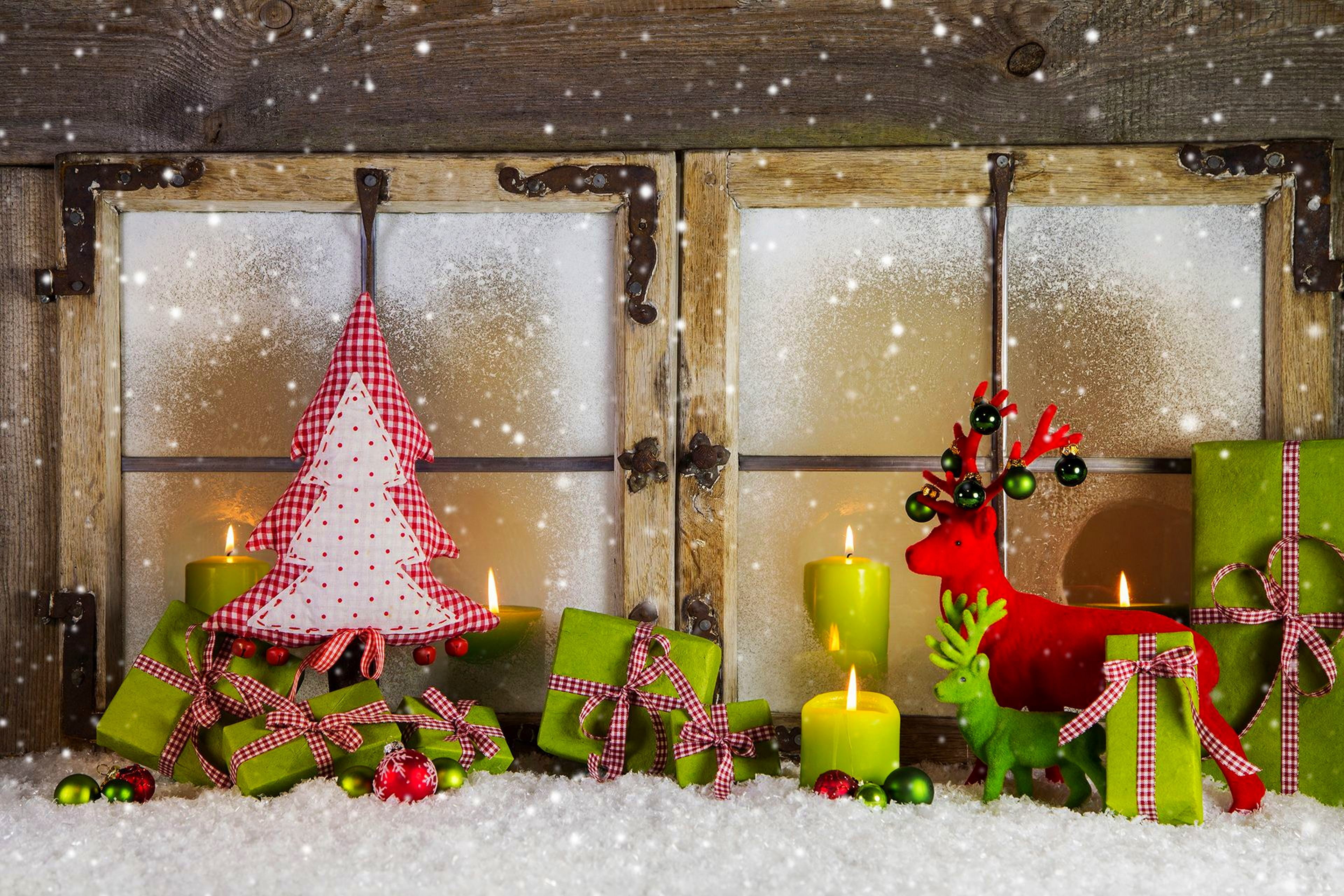 winter, snow, decoration, holiday, balls, tree, candles, window
