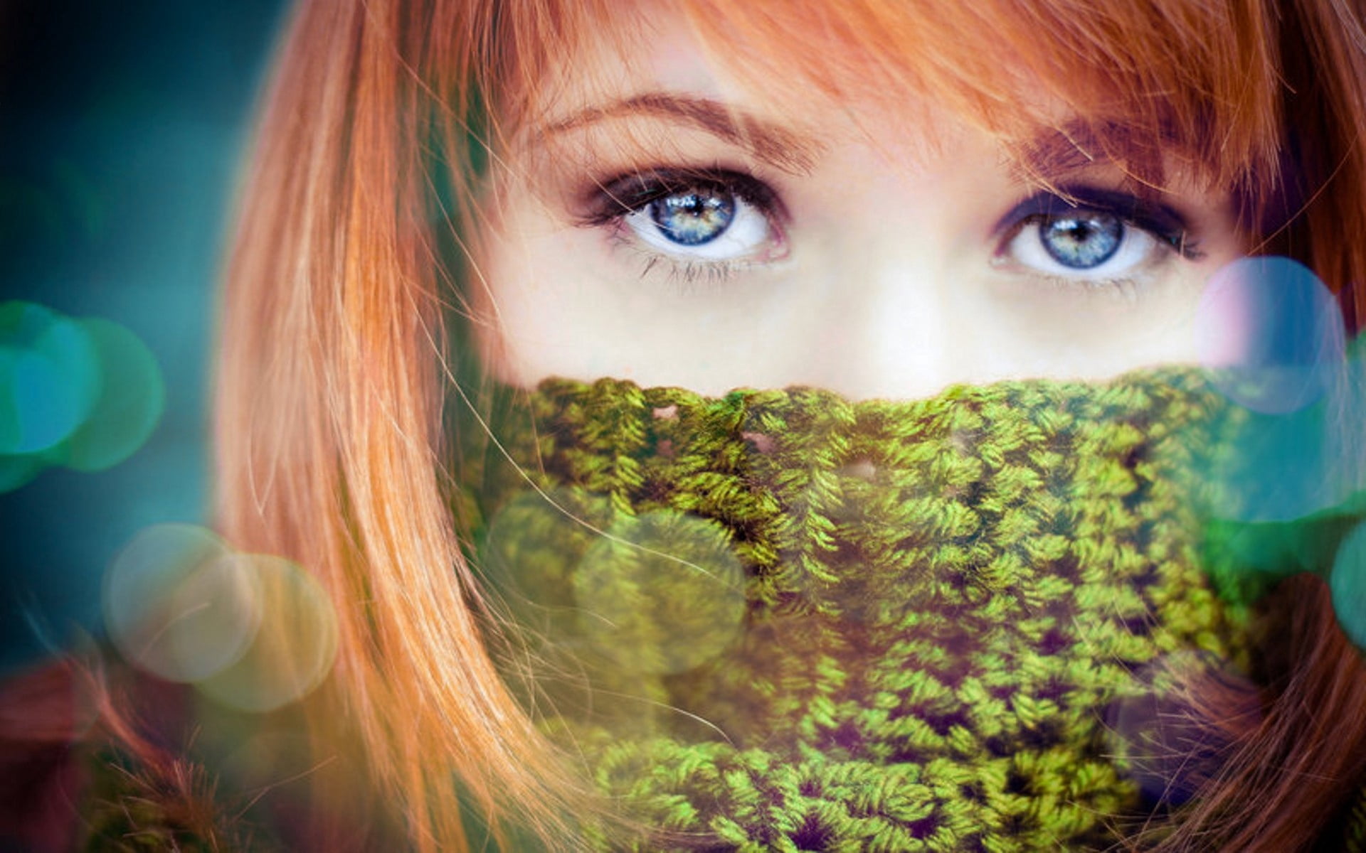 women's green knit scarf, blue-eyed, girl, face, human Face, beautiful
