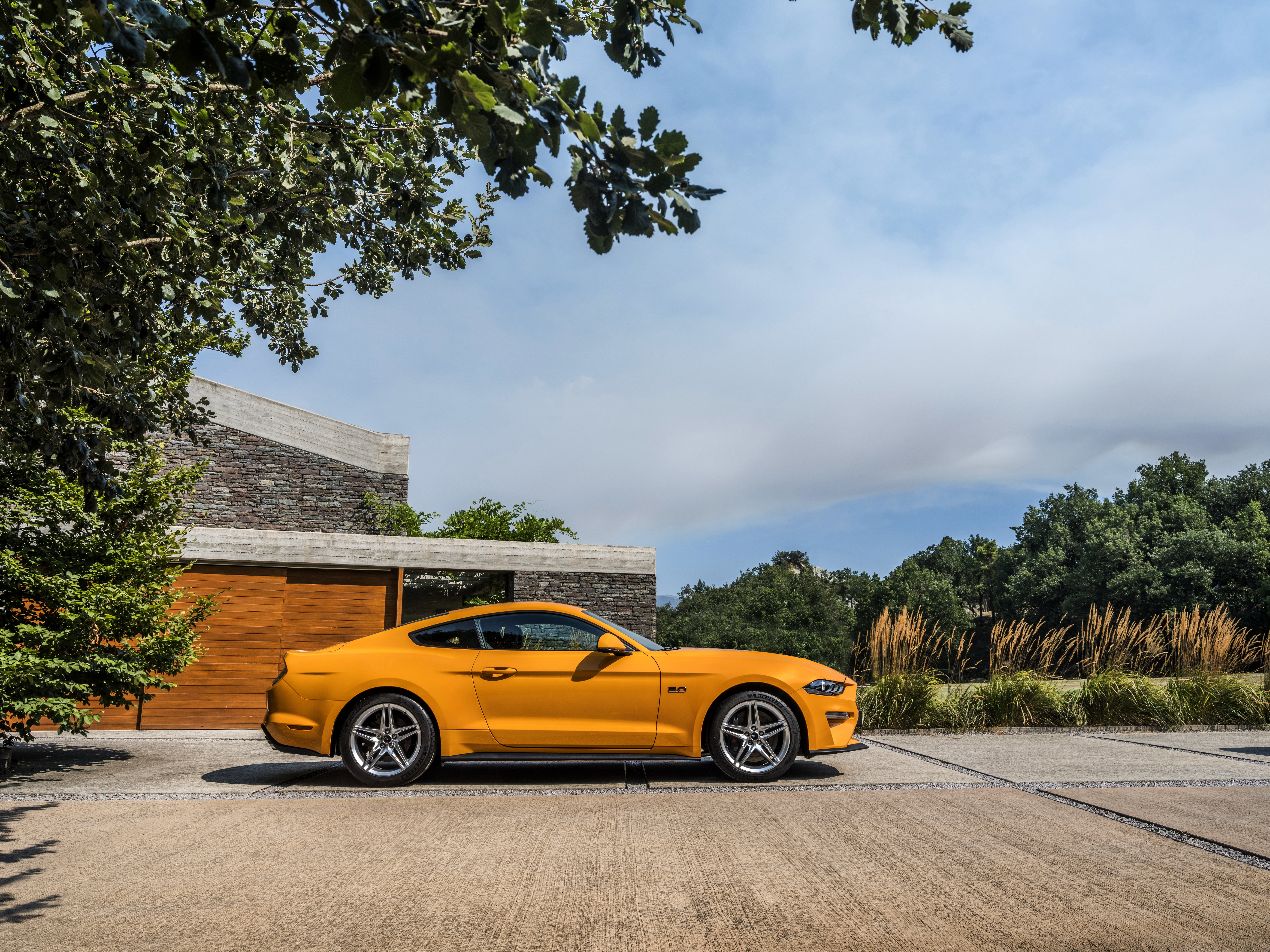 orange, Ford, Parking, profile, 2018, fastback, Mustang GT 5.0