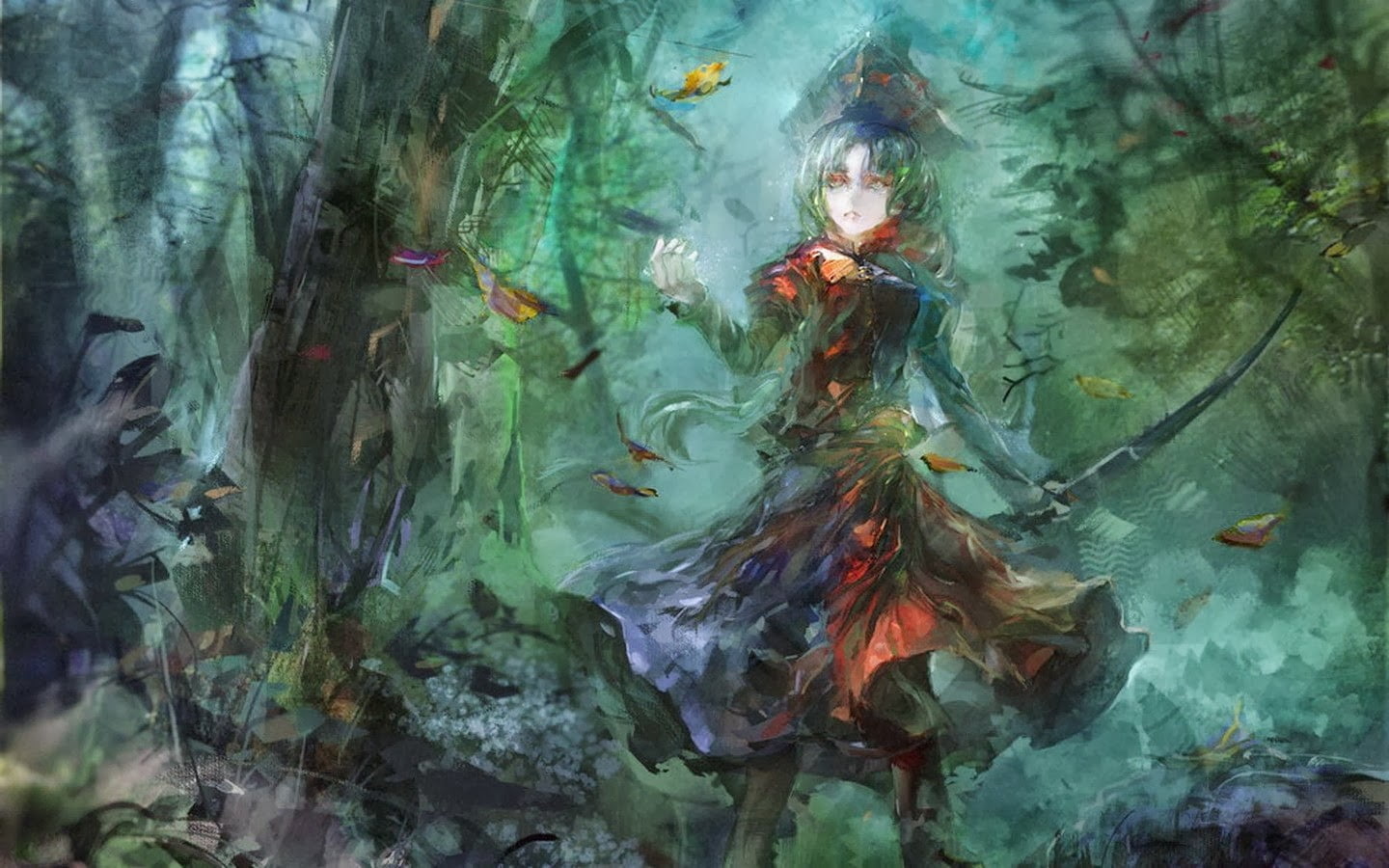 green haired anime girl on the woods painting, fantasy art, anime girls