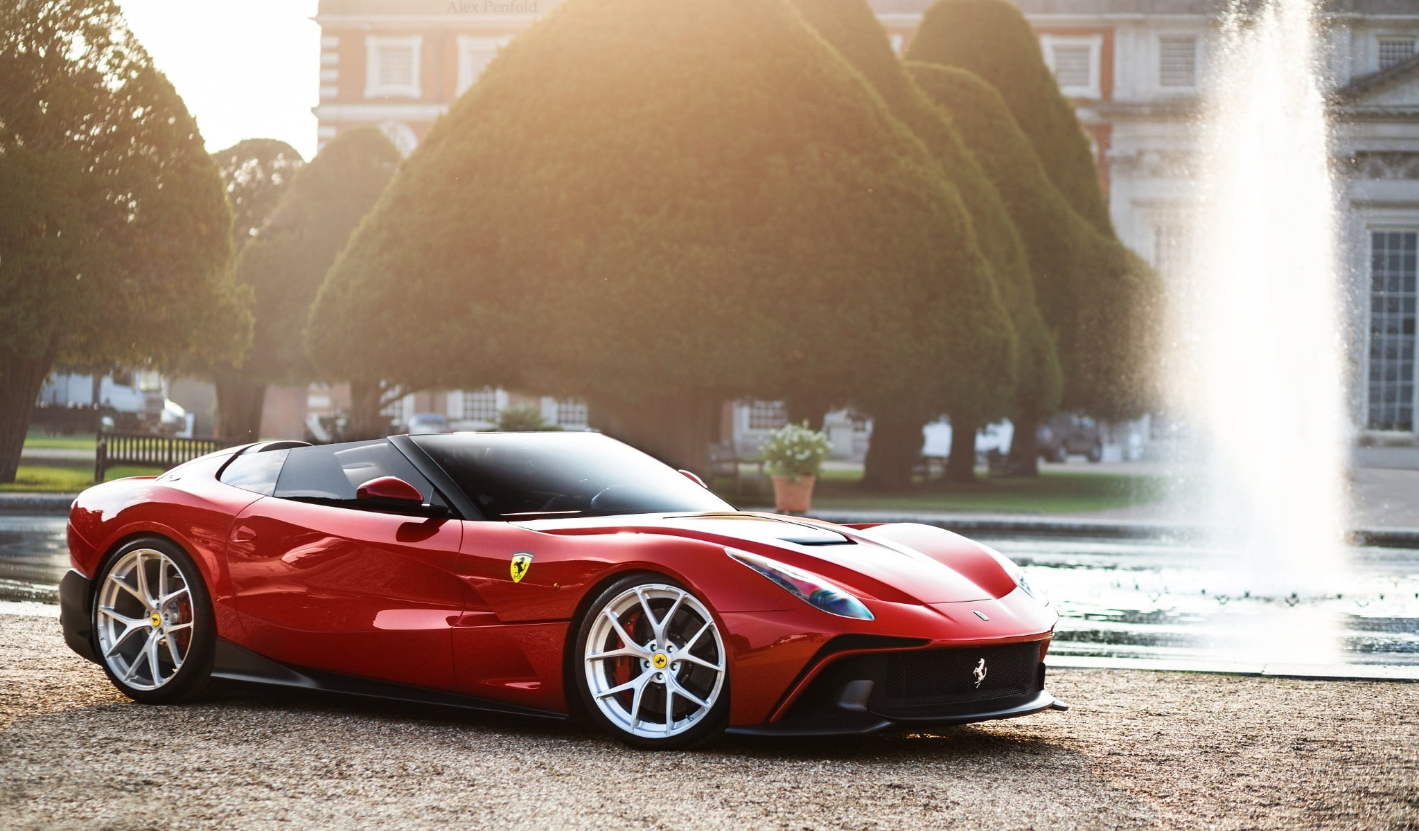 red Ferrari sports car, f12, trs, side view, luxury, outdoors