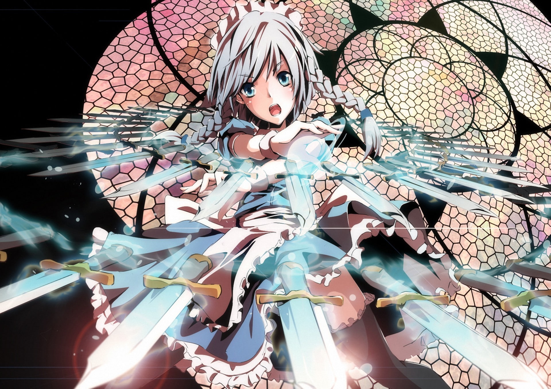 white-haired female anime character illustration, girl, weapons
