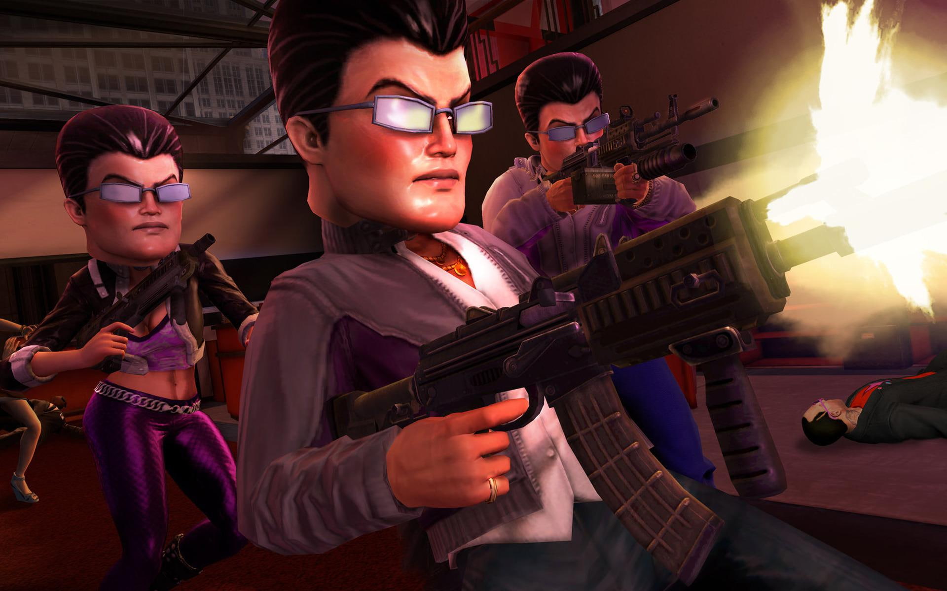 Saints Row, three man wearing sunglasses and holding rifles characters