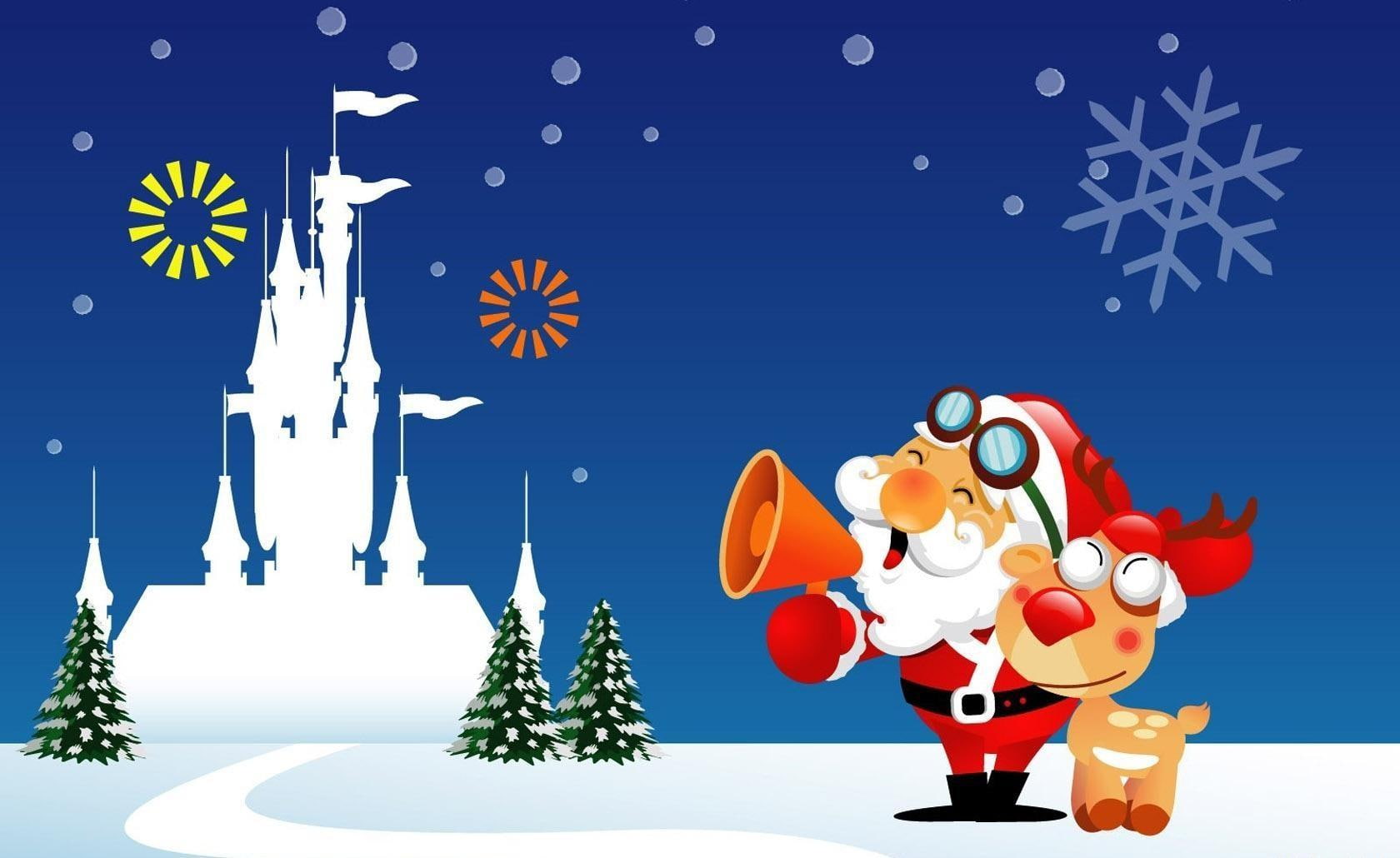 santa claus, reindeer, horn, castle, christmas trees, christmas, holiday