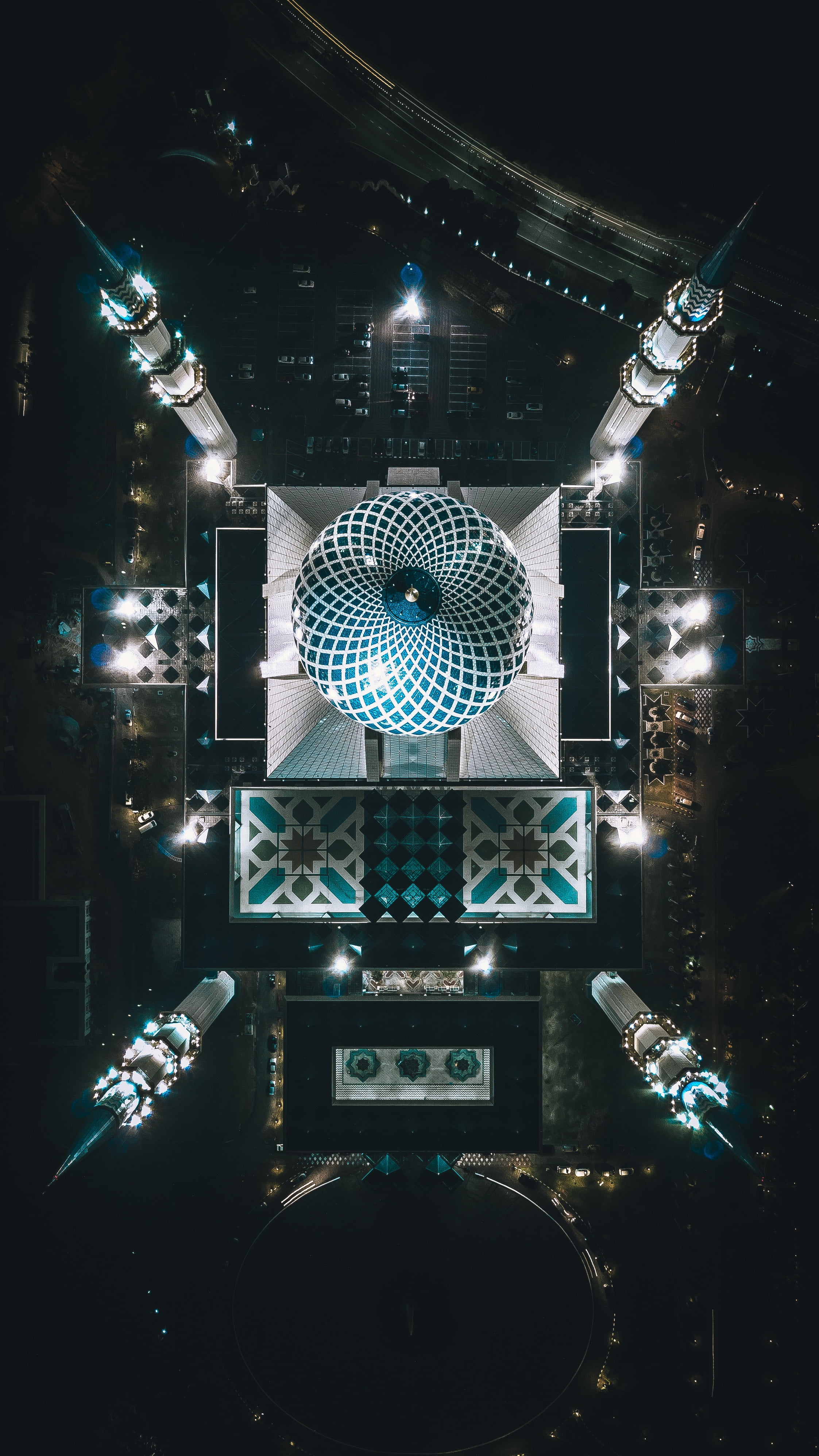 mosque, top view, night, architecture, shah alam, malaysia