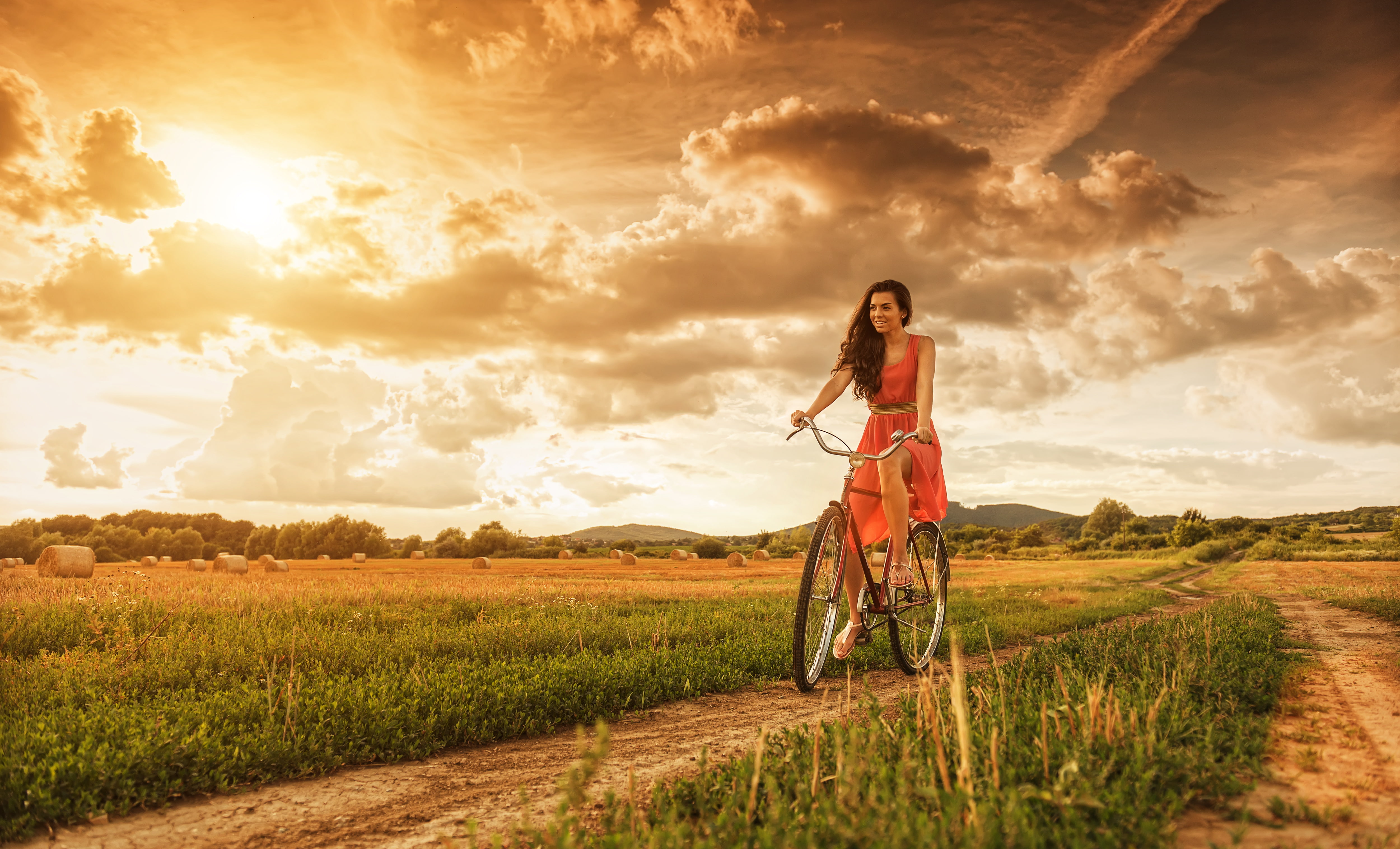 women's red sleeveless dress, road, field, the sky, girl, clouds