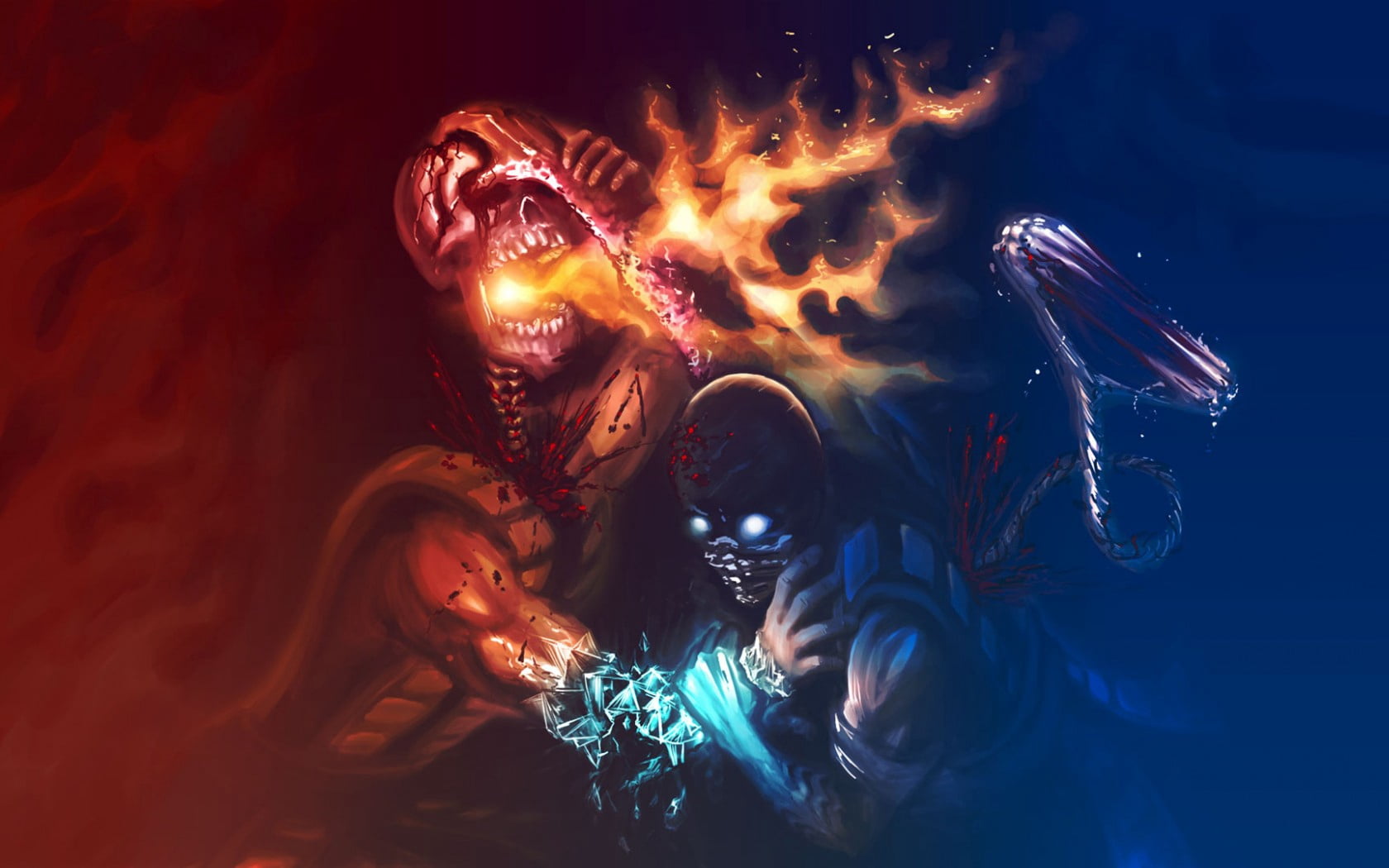 two fire and ice characters wallpaper, mortal kombat, scorpion