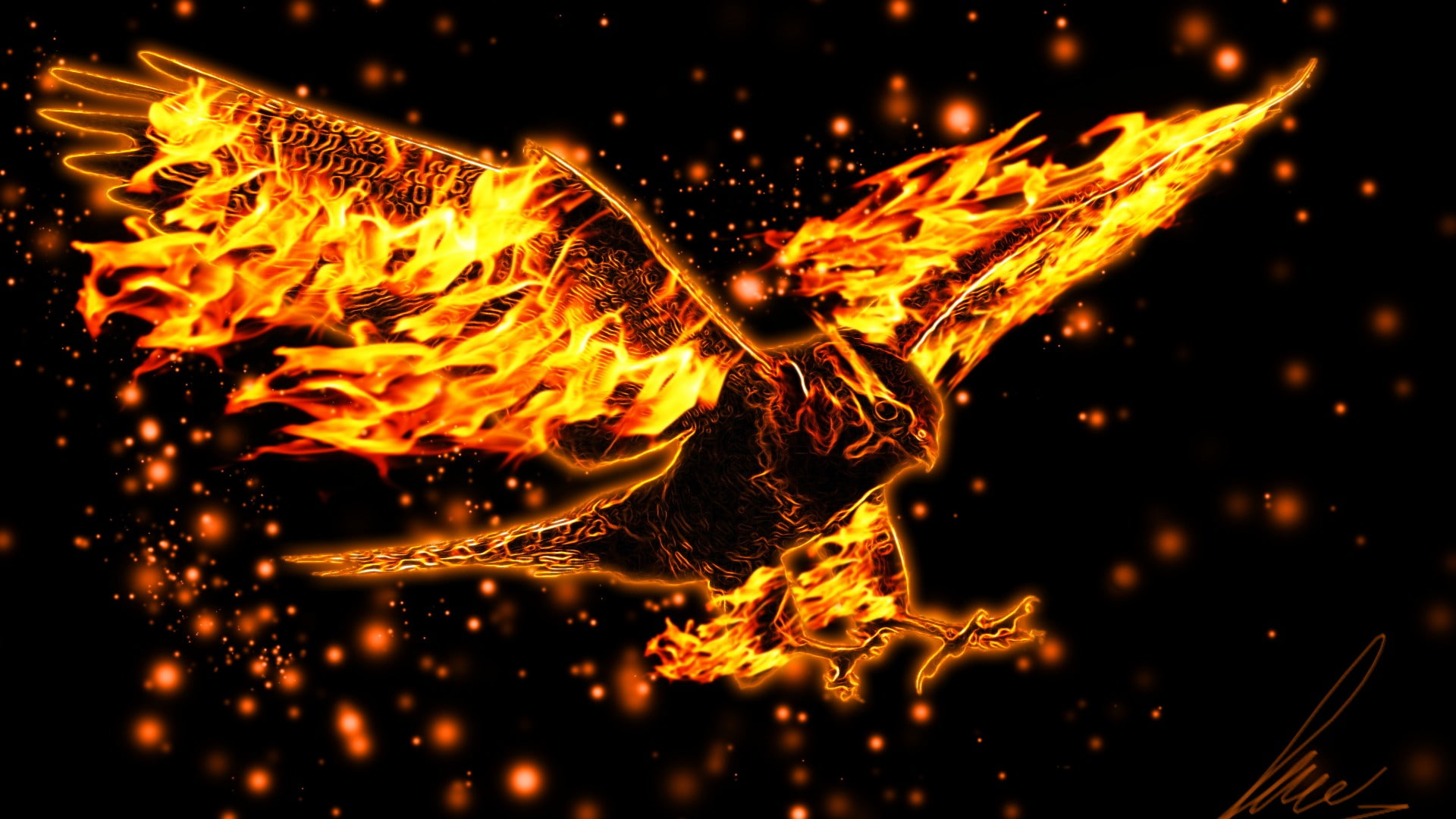 abstract, Burning, eagle, fire, Flight, wings