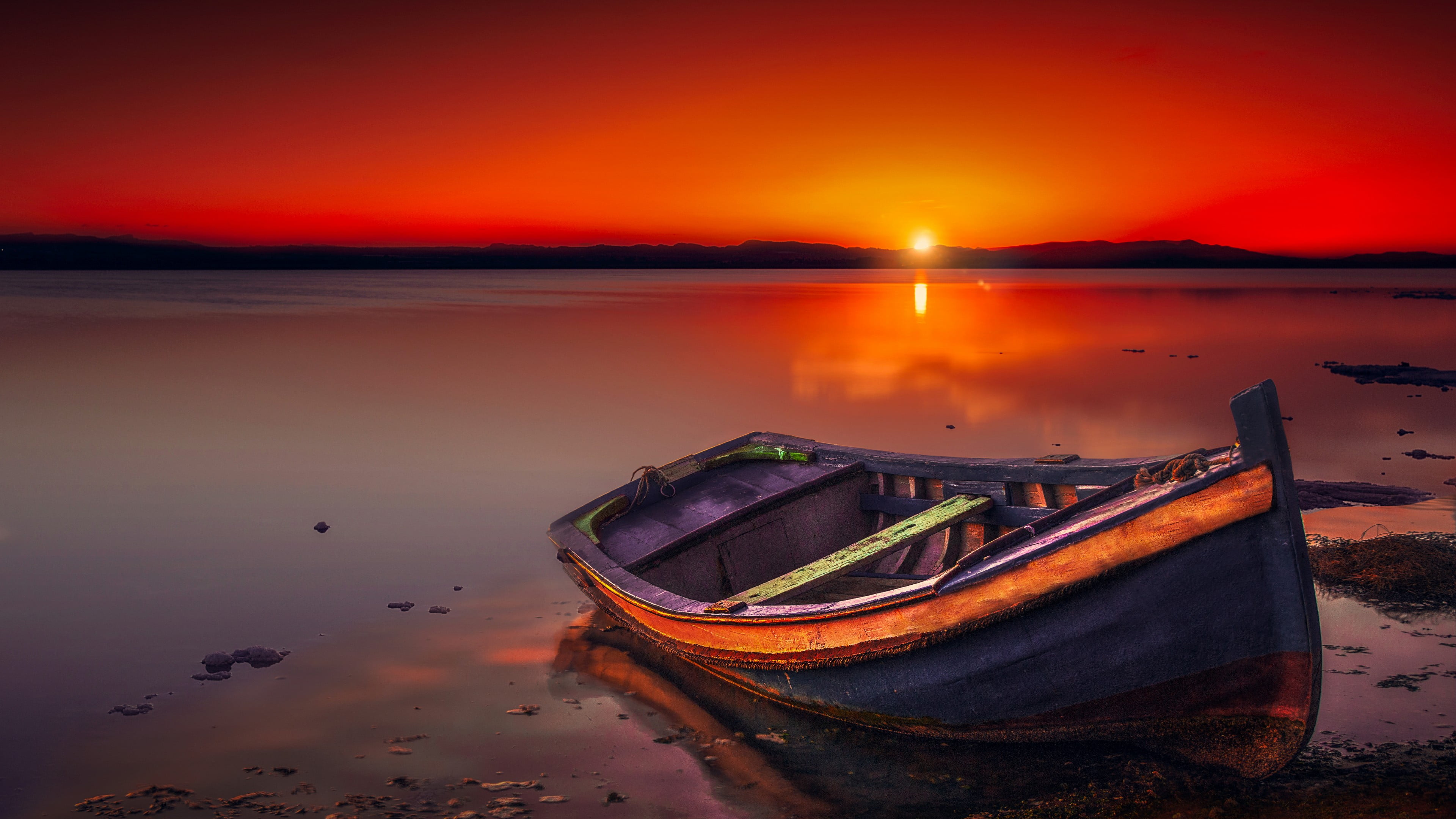 Free download | HD wallpaper: boat, sunset, lake, horizon, calm, red