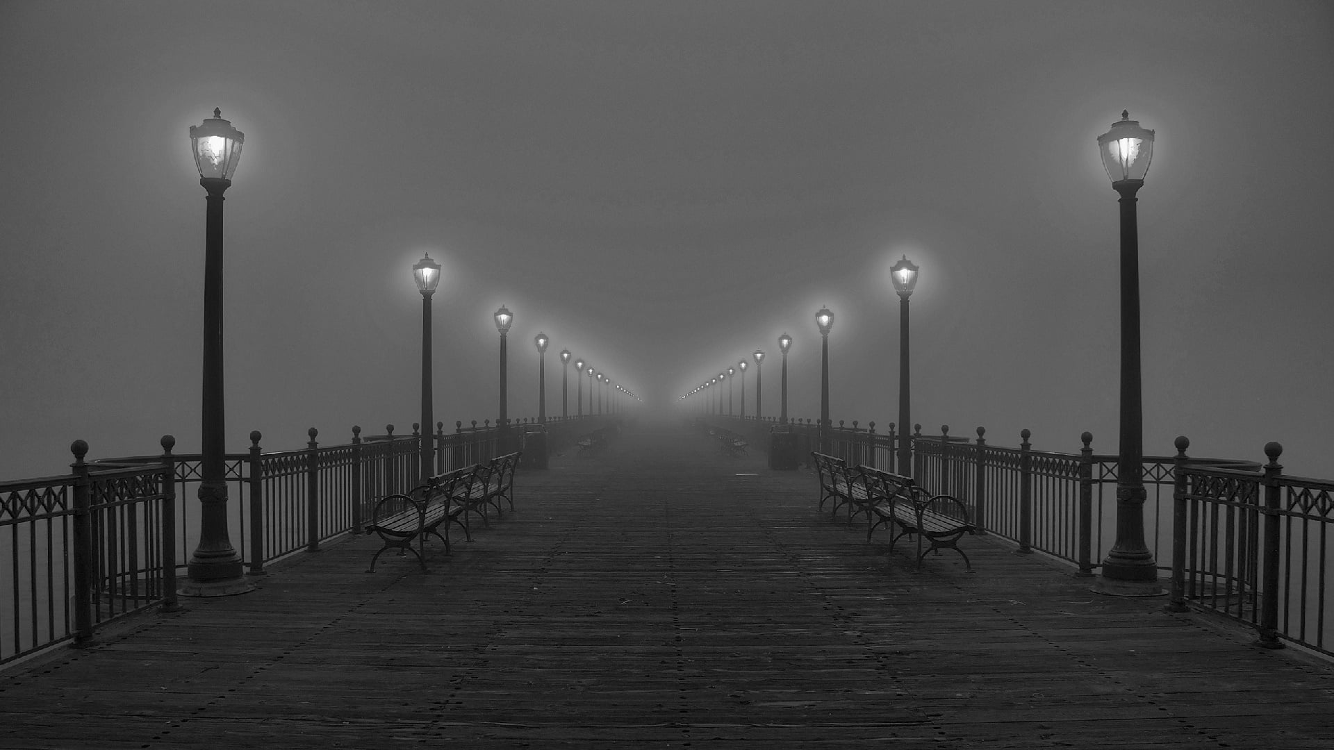 dark, monochrome, lights, dark way, fog, benches, romantic
