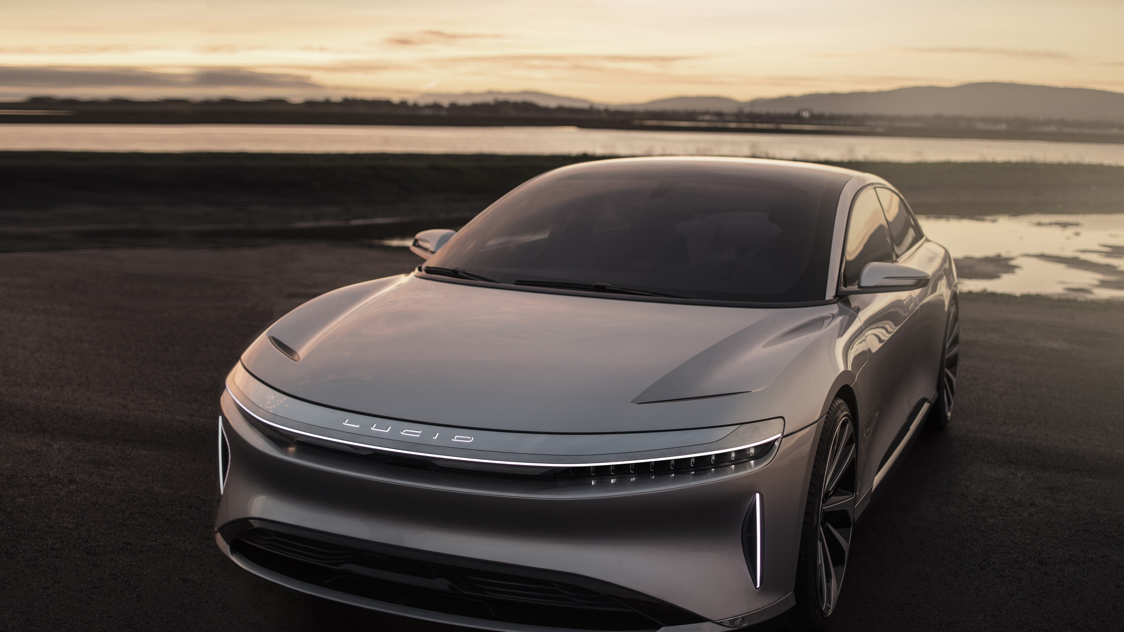 silver coupe near seashore, Lucid Air, electric cars, front