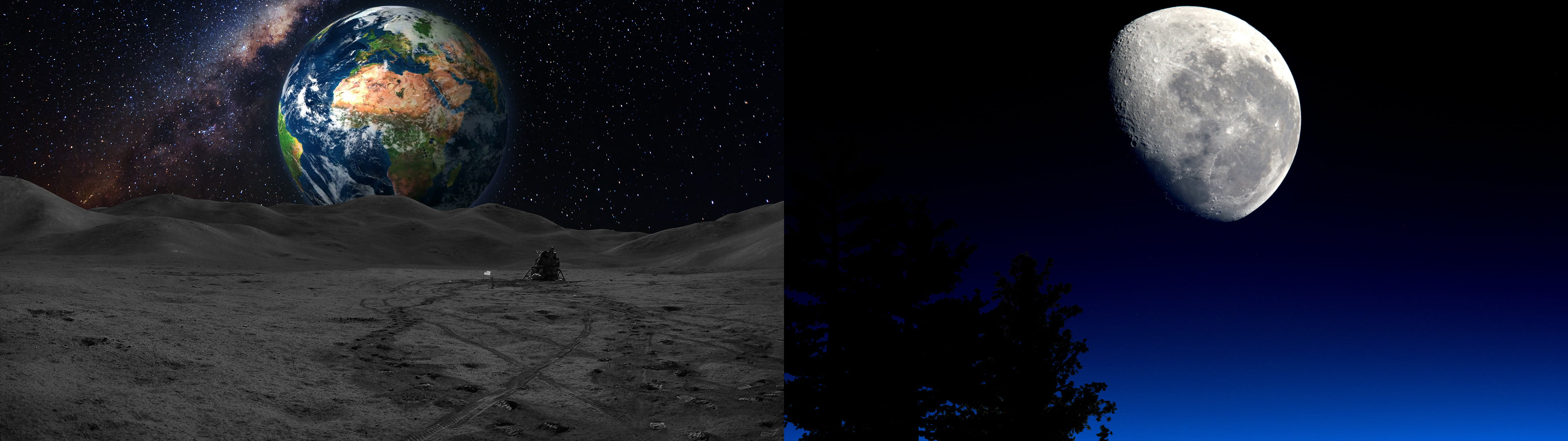 dual monitors, Moon, Earth, space, sky, astronomy, panoramic