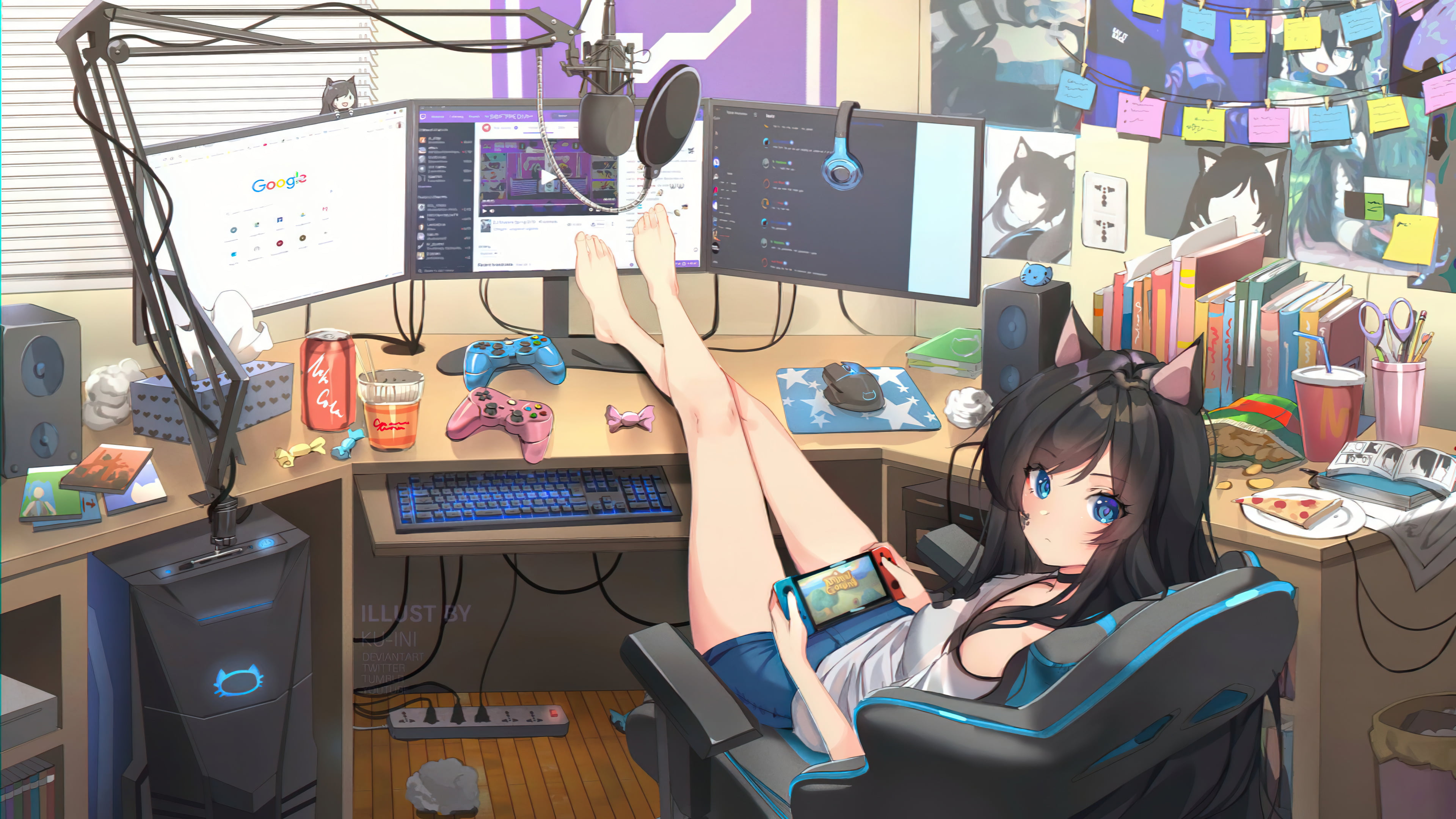 anime girls, animal ears, playing, computer, gamers