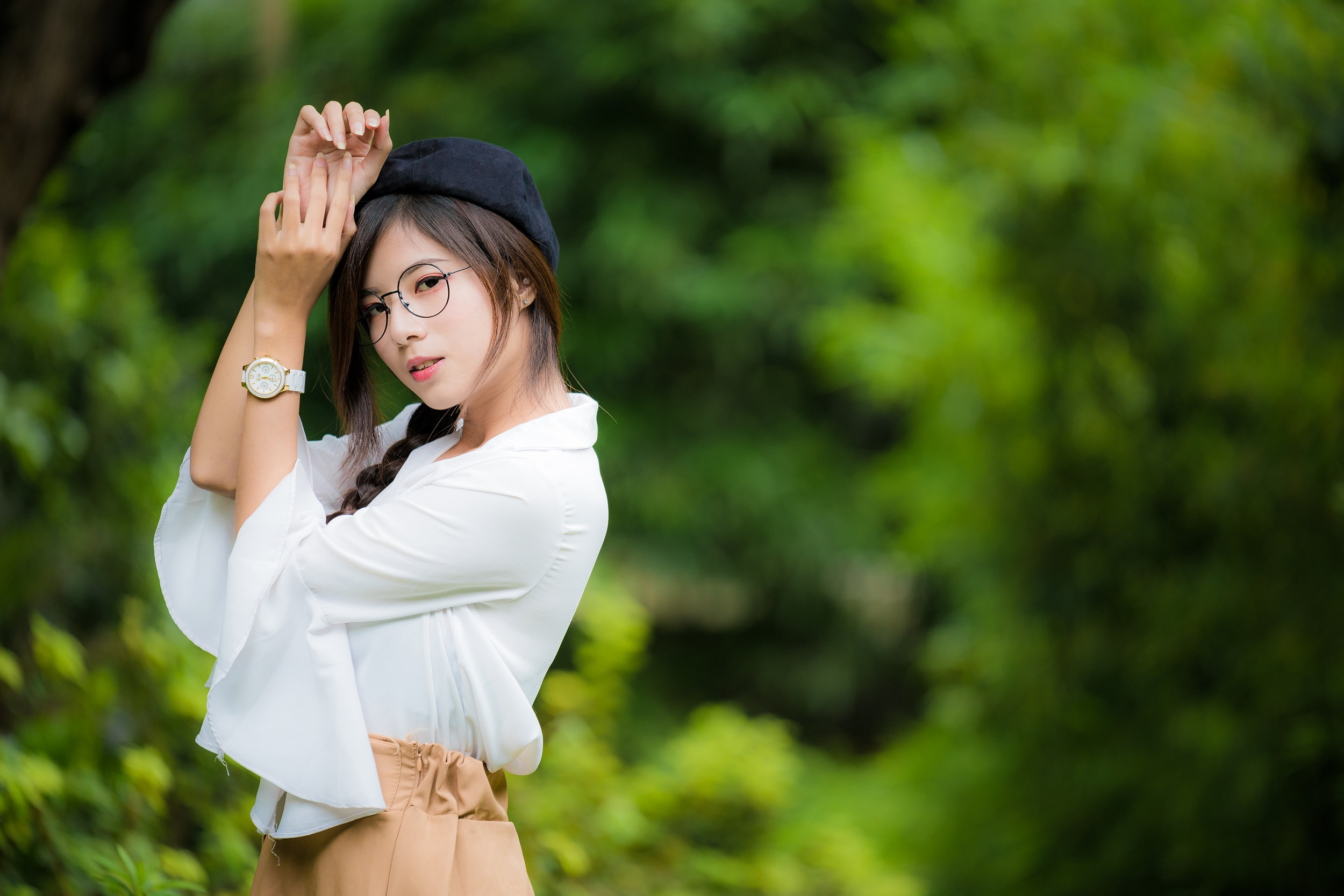 women, model, Asian, looking at viewer, shirt, women with glasses