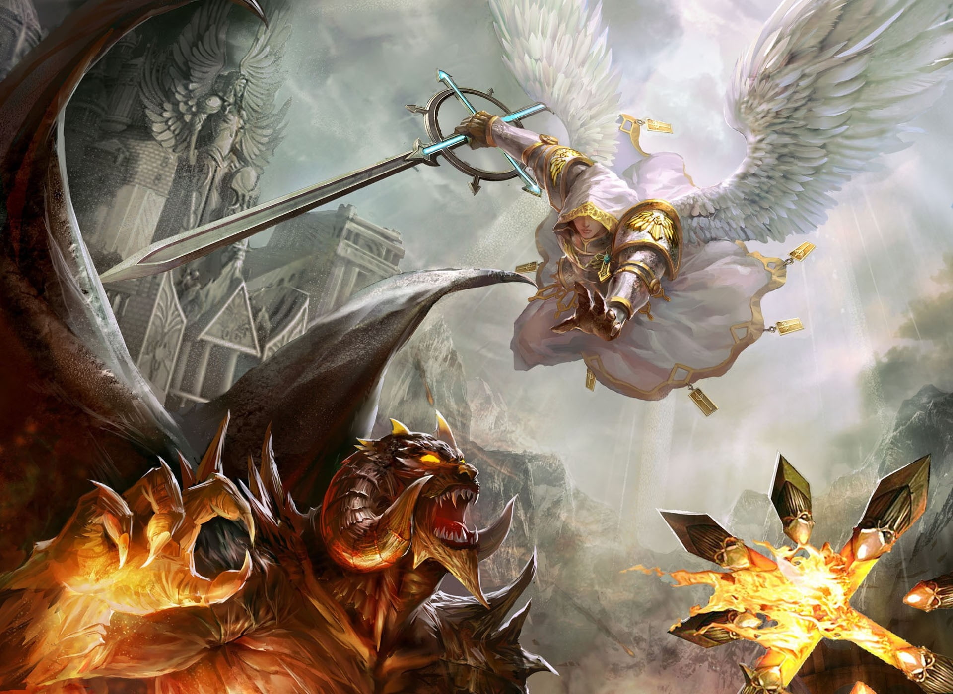 angels video games wings fire demons fight evil weapons devil battles heroes of might and magic artw Art artwork HD Art