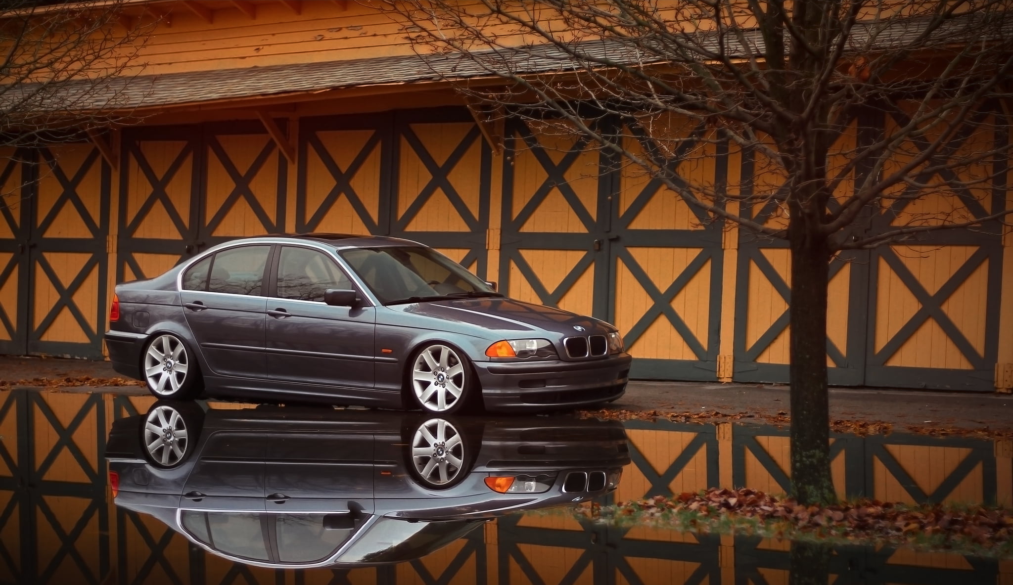 gray BMW 3 series, e46, side view, reflection, car, mini Cooper