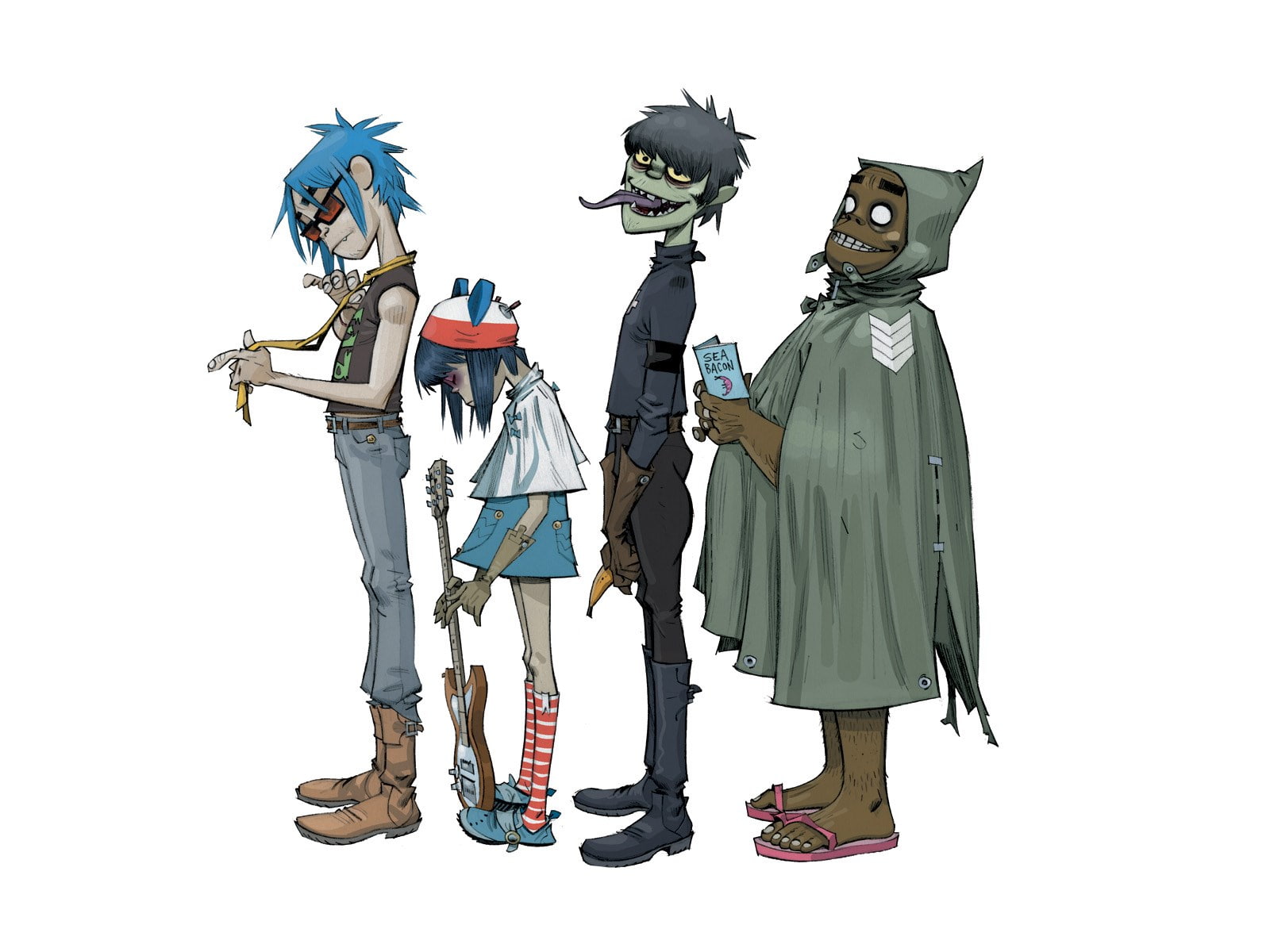 gorillaz, white background, studio shot, representation, full length