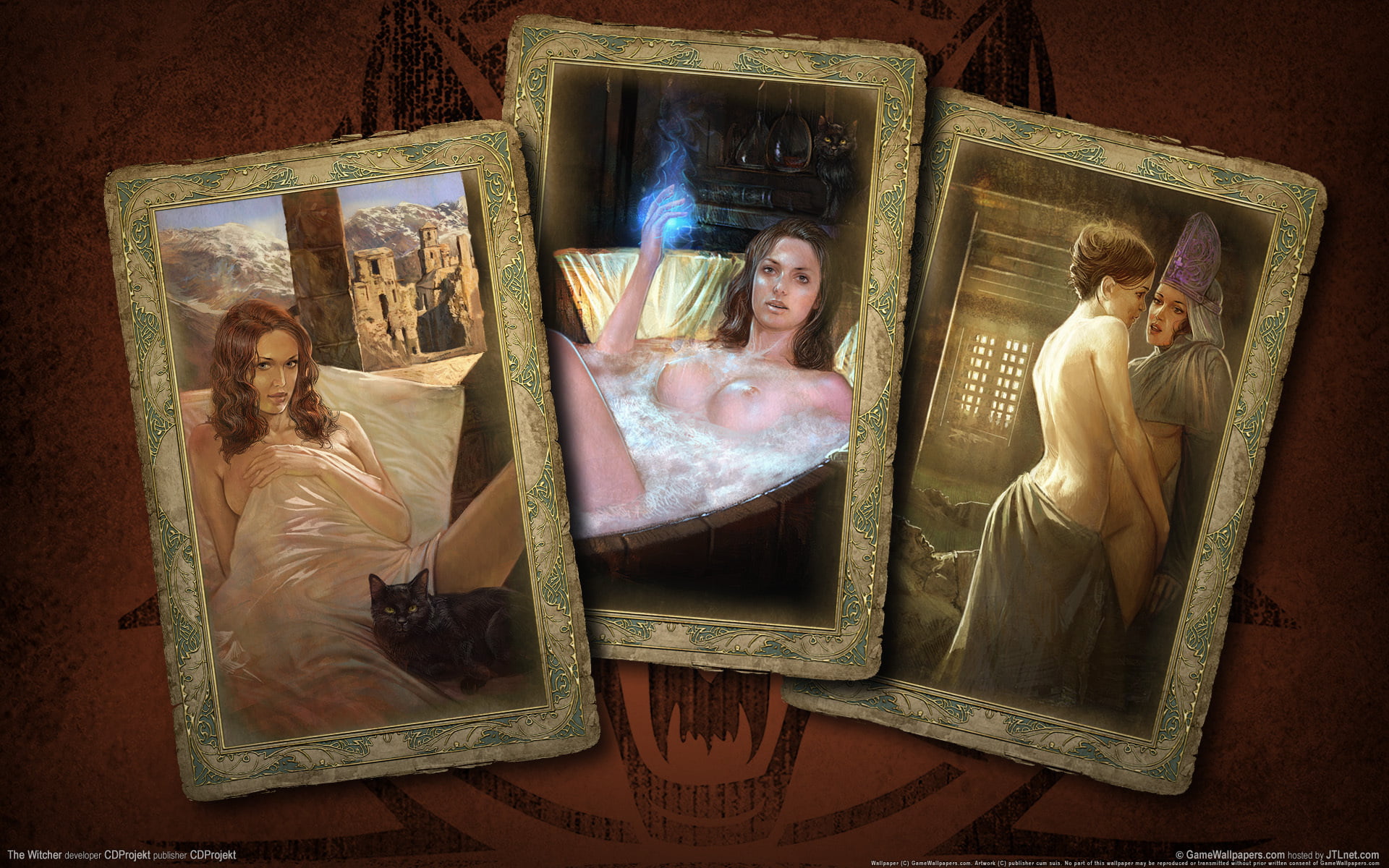 three photo frames, card, girls, the Witcher, christianity, people