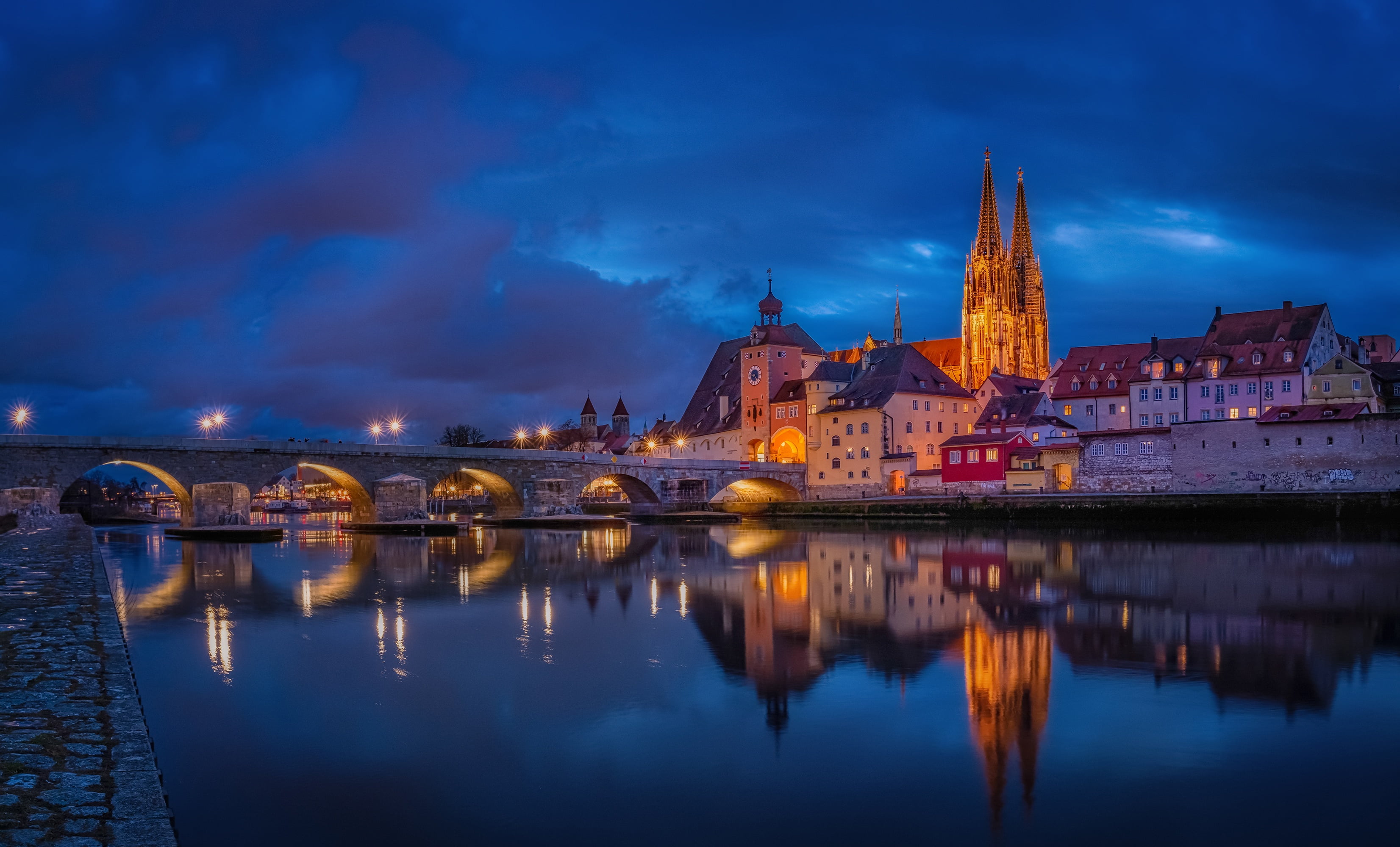 Regensburg, night, city, cityscape, Germany